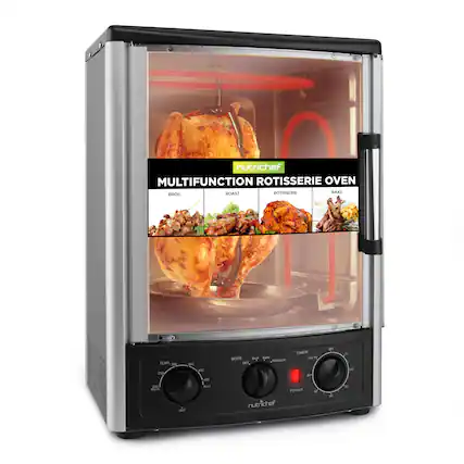 nutrichef MULTIFUNCTION ROTISSERIE OVEN
ROAST DOTISMERS BAKE BROIL TEMP 30g - a - AN SOO aa OFF tae oonre TIMER - a oF - a 200 - OFF Bs nutricher POWER - a