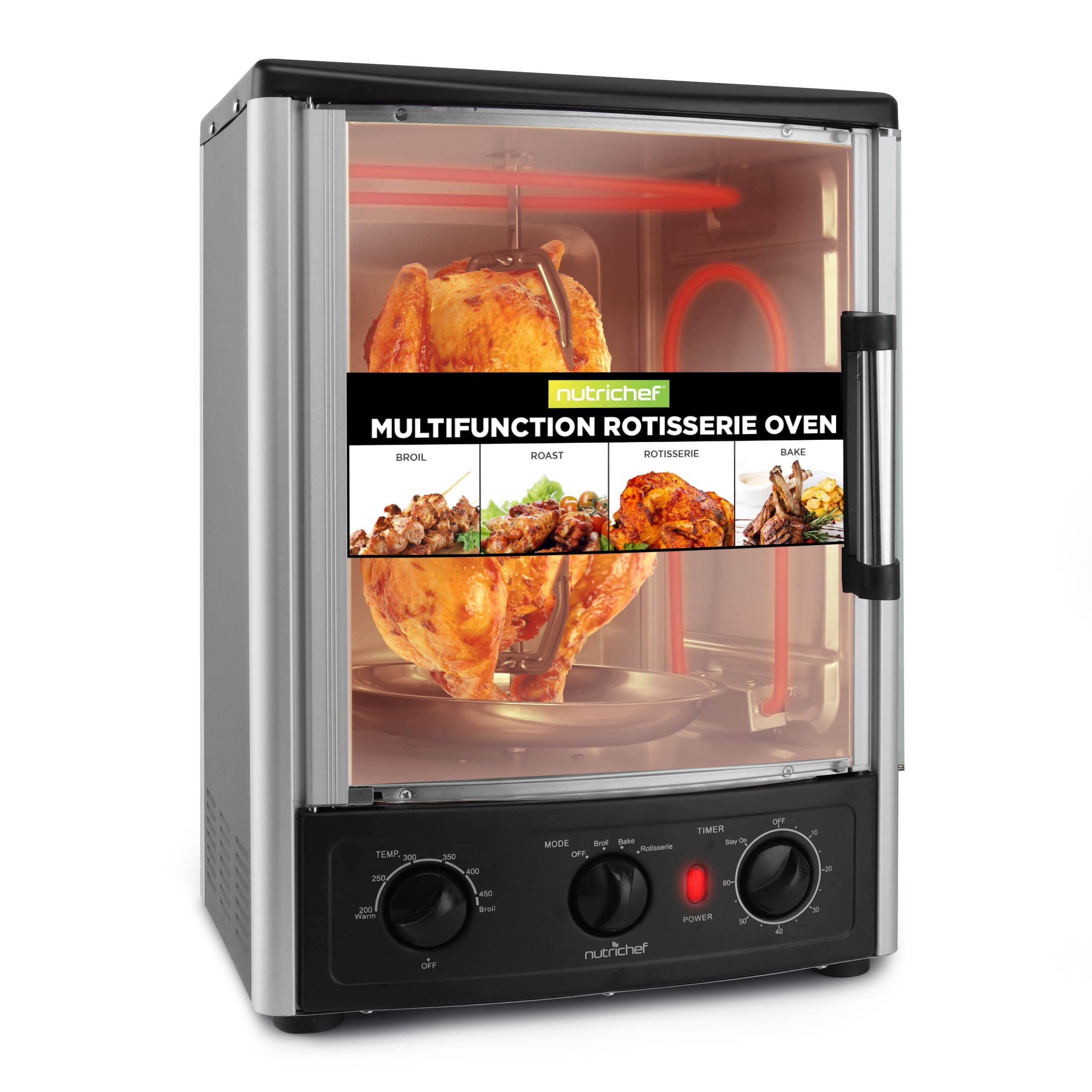 nutrichef MULTIFUNCTION ROTISSERIE OVEN  
ROAST DOTISMERS BAKE BROIL TEMP 30g - a - AN SOO aa OFF tae oonre TIMER - a oF - a 200 - OFF Bs nutricher POWER - a