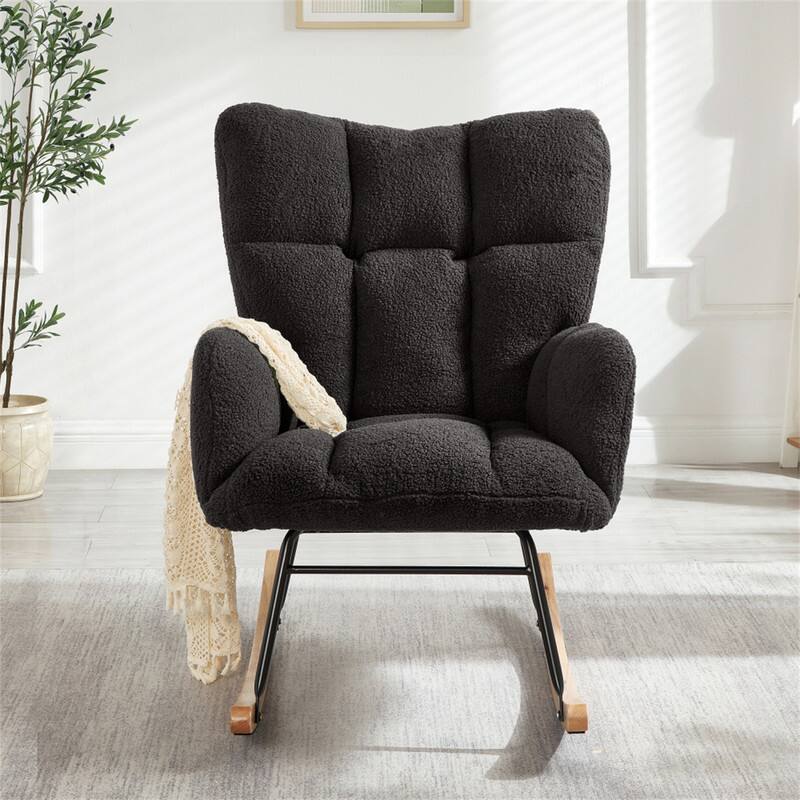 Angle. HTUTWOO - Glider Chair for Living Room - Tufted Upholstered Teddy Fabric Rocking Chair, Metal Frame Accent Chair - Dark Gray.