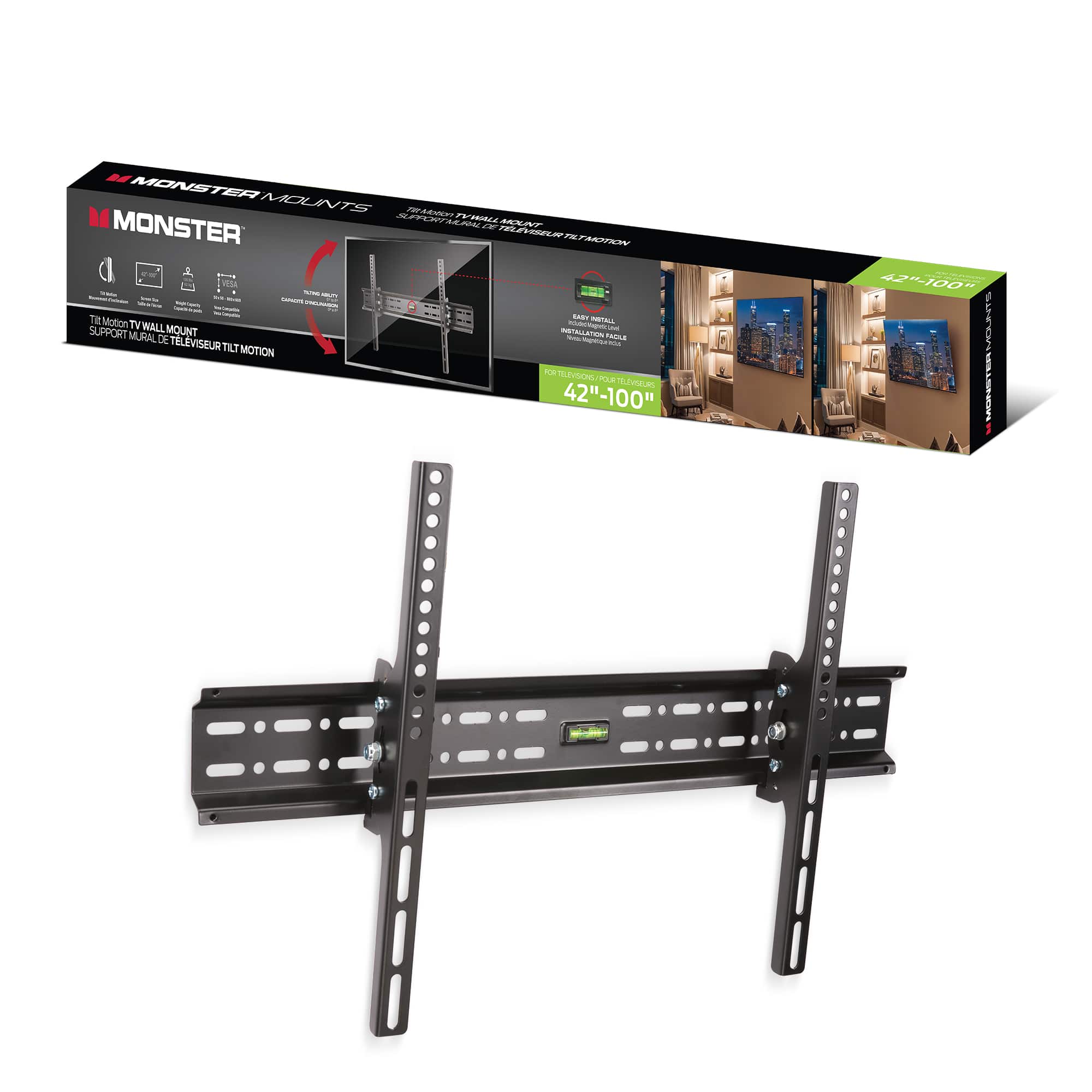 Monster - Large Tilt TV Wall Mount - Fits 42" to 90" TVs, 135 lbs Capacity, VESA 880x600, Integrated Magnetic Level - Black