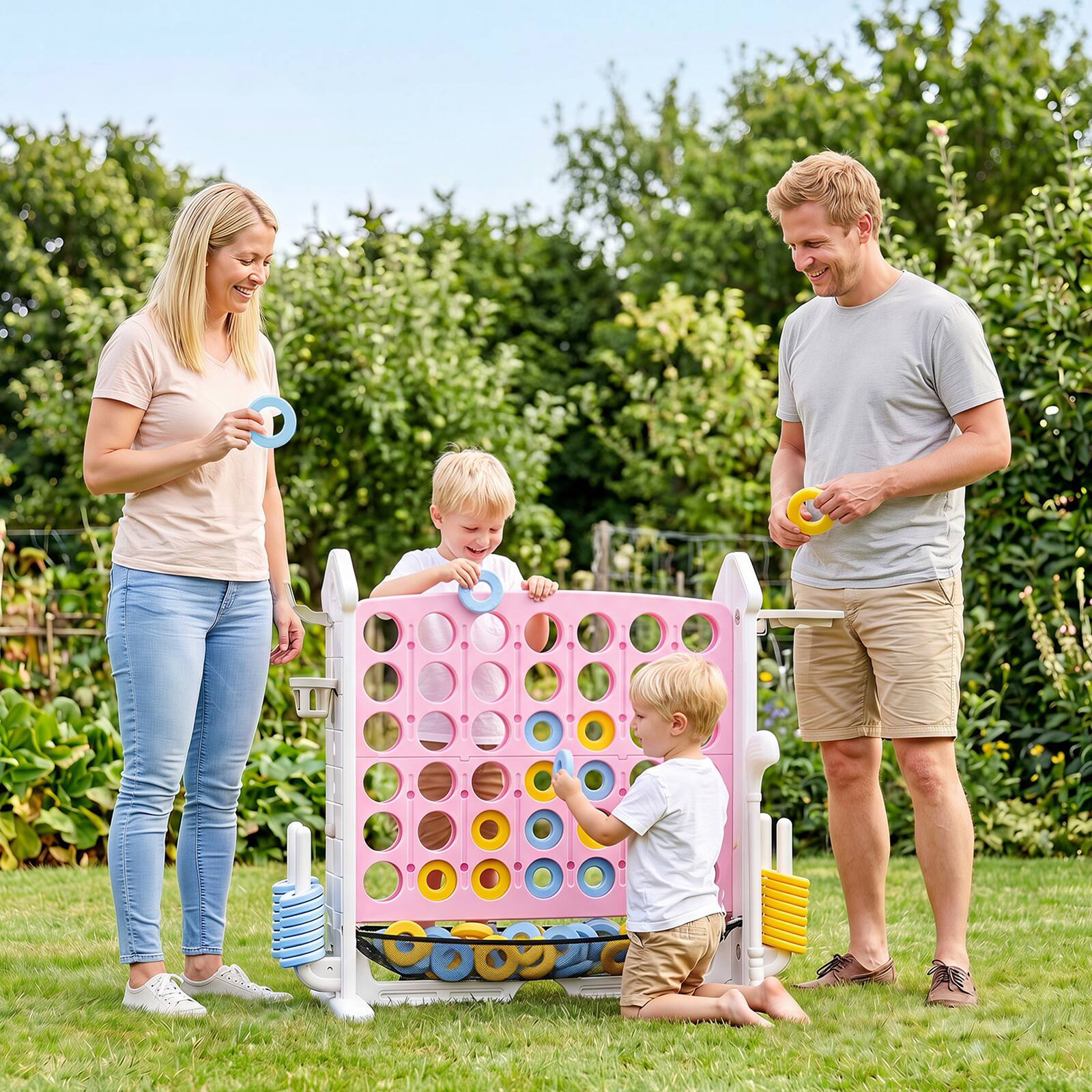 Alt View 1. Costway - Costway 4 in a Row Connect Game with Mesh Net, Carrying Bag, Height Adjustable, Ring Toss - Pink+White.
