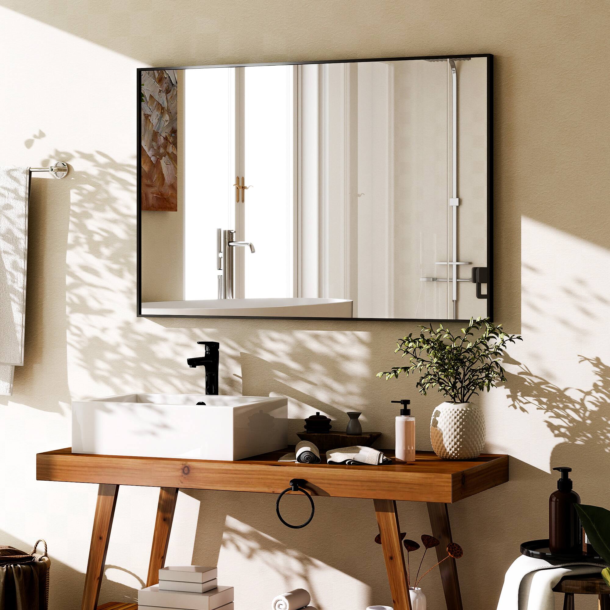 Angle. Easly - Black 26 in. W x 38 in. H Rectangle Aluminum Alloy Frame Vanity Wall Mirror - Black.