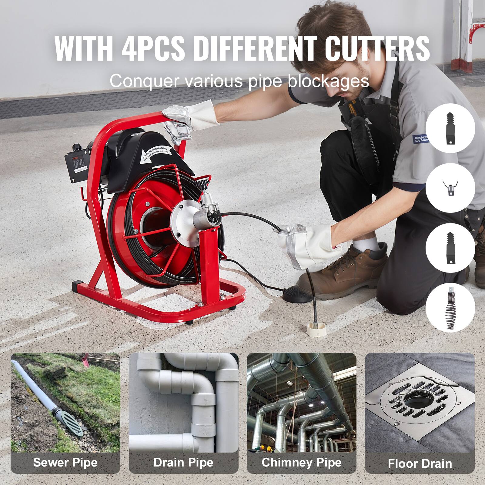 WITH 4PCS DIFFERENT CUTTERS Conquer various pipe blockages

Sewer Pipe
Drain Pipe
Chimney Pipe
Floor Drain