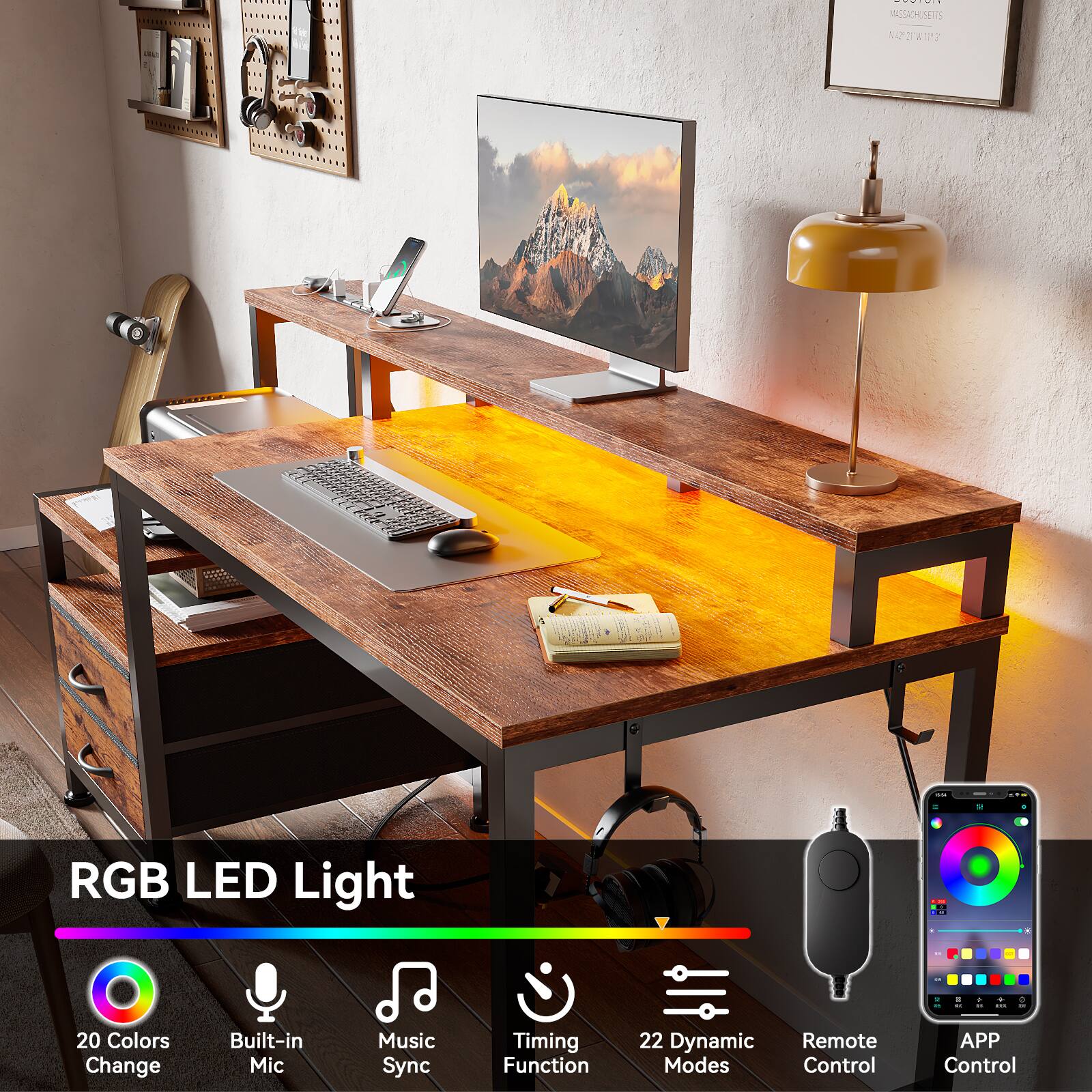 RGB LED Light  
- 20 Colors Change  
- Built-in Mic  
- Music Sync  
- Timing Function  
- 22 Dynamic Modes  
- Remote Control  
- APP Control