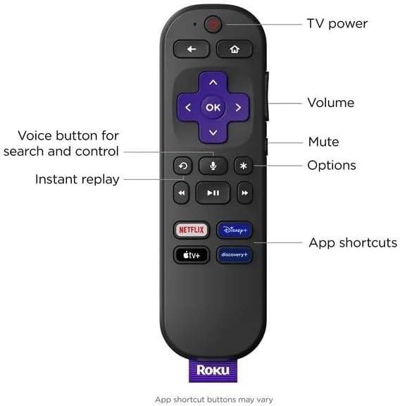 TV power  
Volume  
Mute  
Options  
App shortcuts  
Voice button for search and control  
Instant replay  
NETFLIX  
Disney+  
discovery+  
tv+  
Roku  
App shortcut buttons may vary