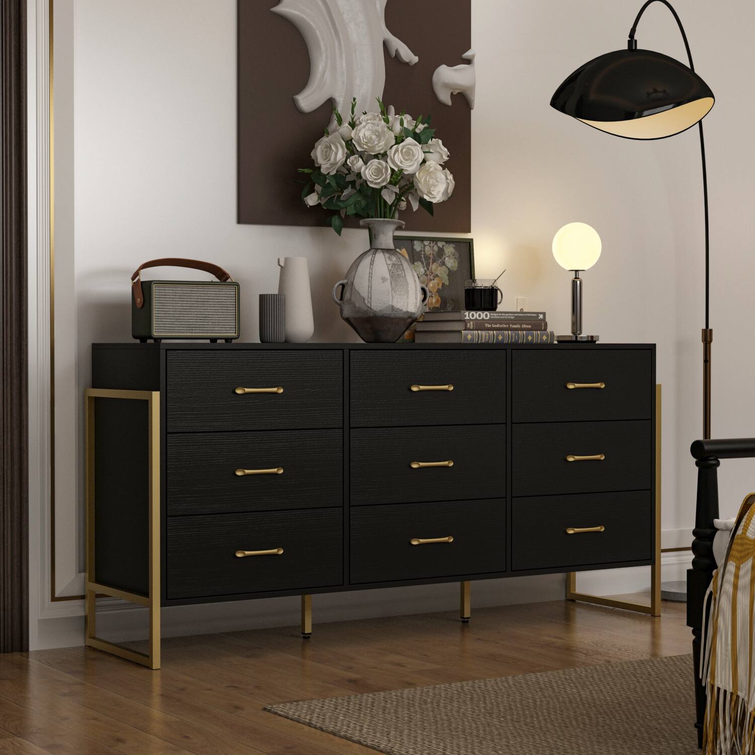 Alt View 9. FUFU&GAGA - FUFU&GAGA 9 - Drawer Horizontal Dresser – Black & Gold Accent Storage for Bedroom & Living Room - Black.