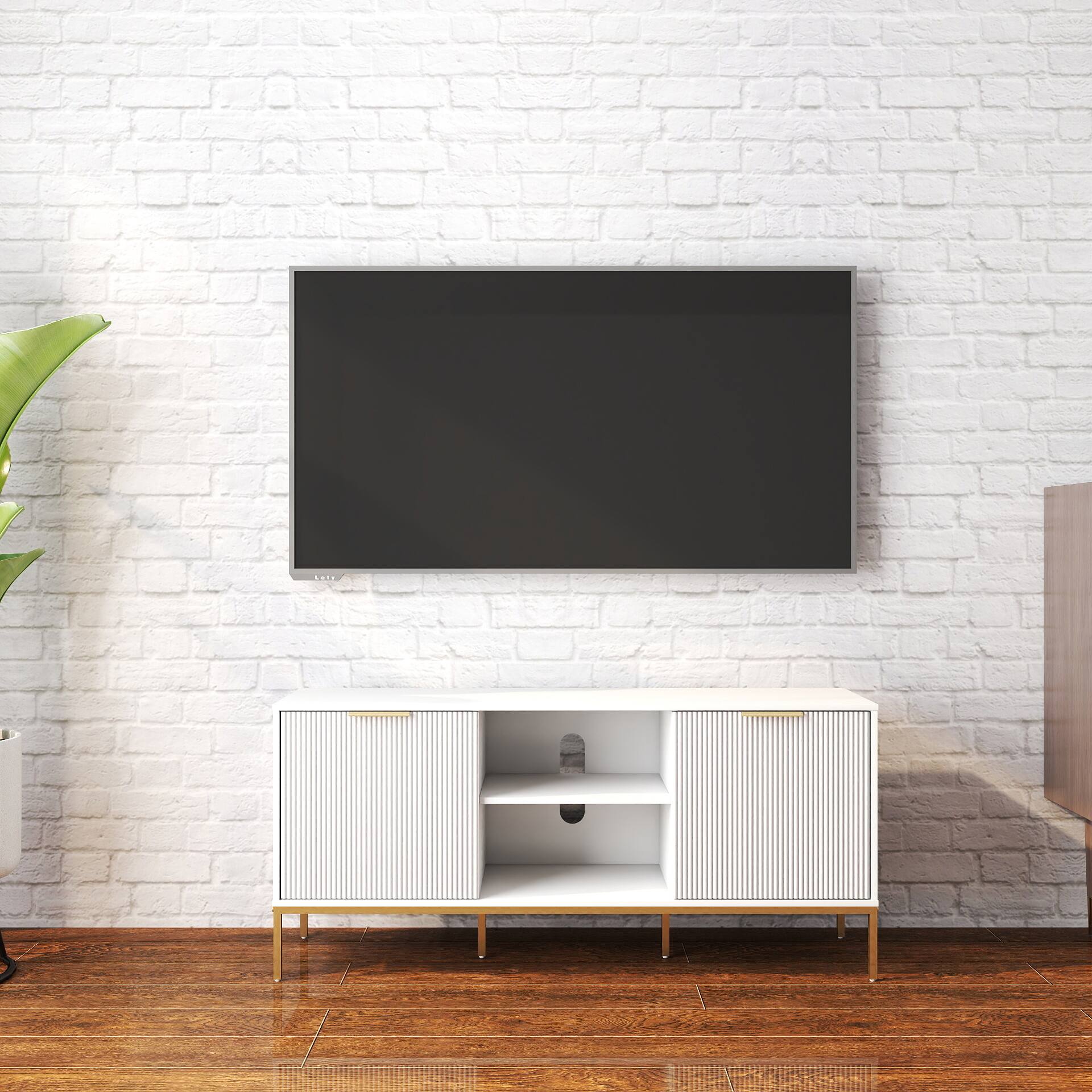 Alt View 6. Spaco - Spaco Modern TV Stand with Wave-Design Doors, Open Shelf & Adjustable Shelf, Stylish and Functional for Living Room - White+Gold.