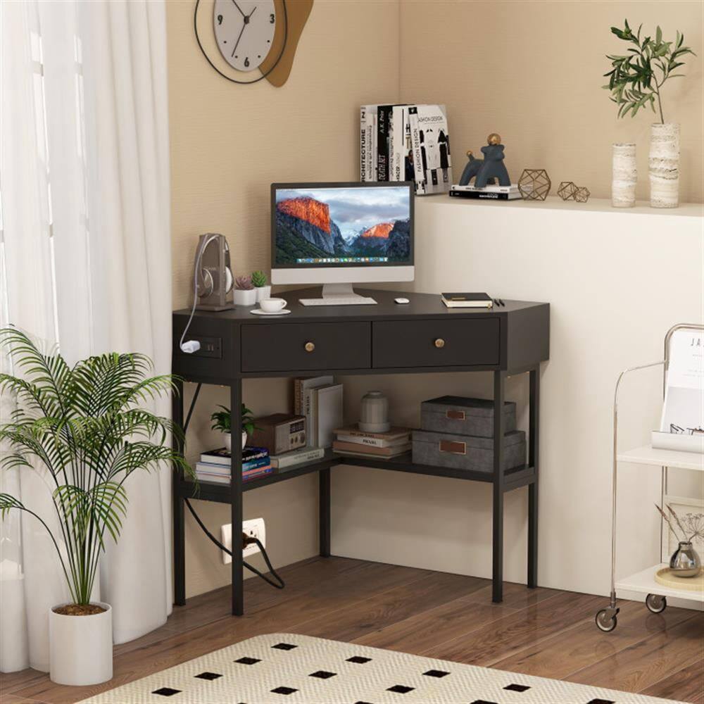 Back. Pefilos - Triangle Corner Desk with Charging Station with 2 Drawers & Storage Shelf, Small Home Office Desk Study Writing Table - Black.