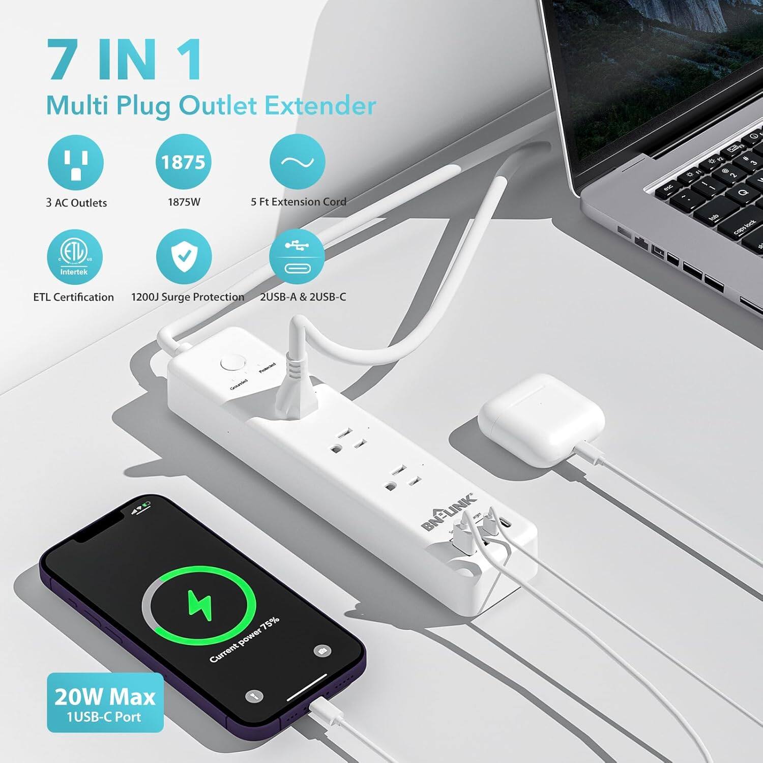 7 IN 1 Multi Plug Outlet Extender  
- 3 AC Outlets  
- 1875W  
- 5 Ft Extension Cord  
- ETL Certification  
- 1200J Surge Protection  
- 2USB-A & 2USB-C  
- 20W Max 1USB-C Port  
- Current power 75%