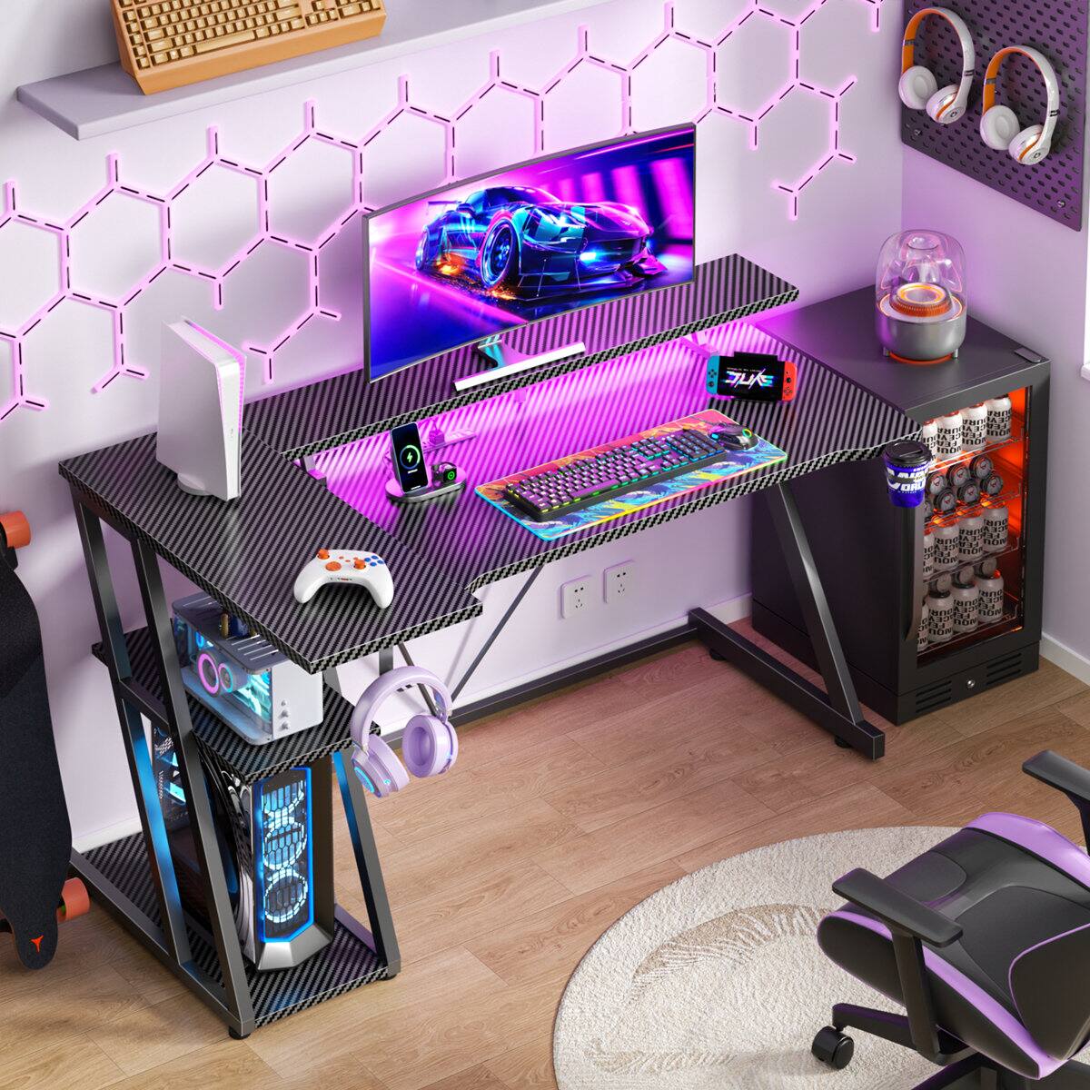 Alt View 1. Furnulem - 55 In Gaming Desk with Monitor StandCPU StandPower OutletLED LightHome Office Desk with Cup HolderHeadphone Hook - Black.