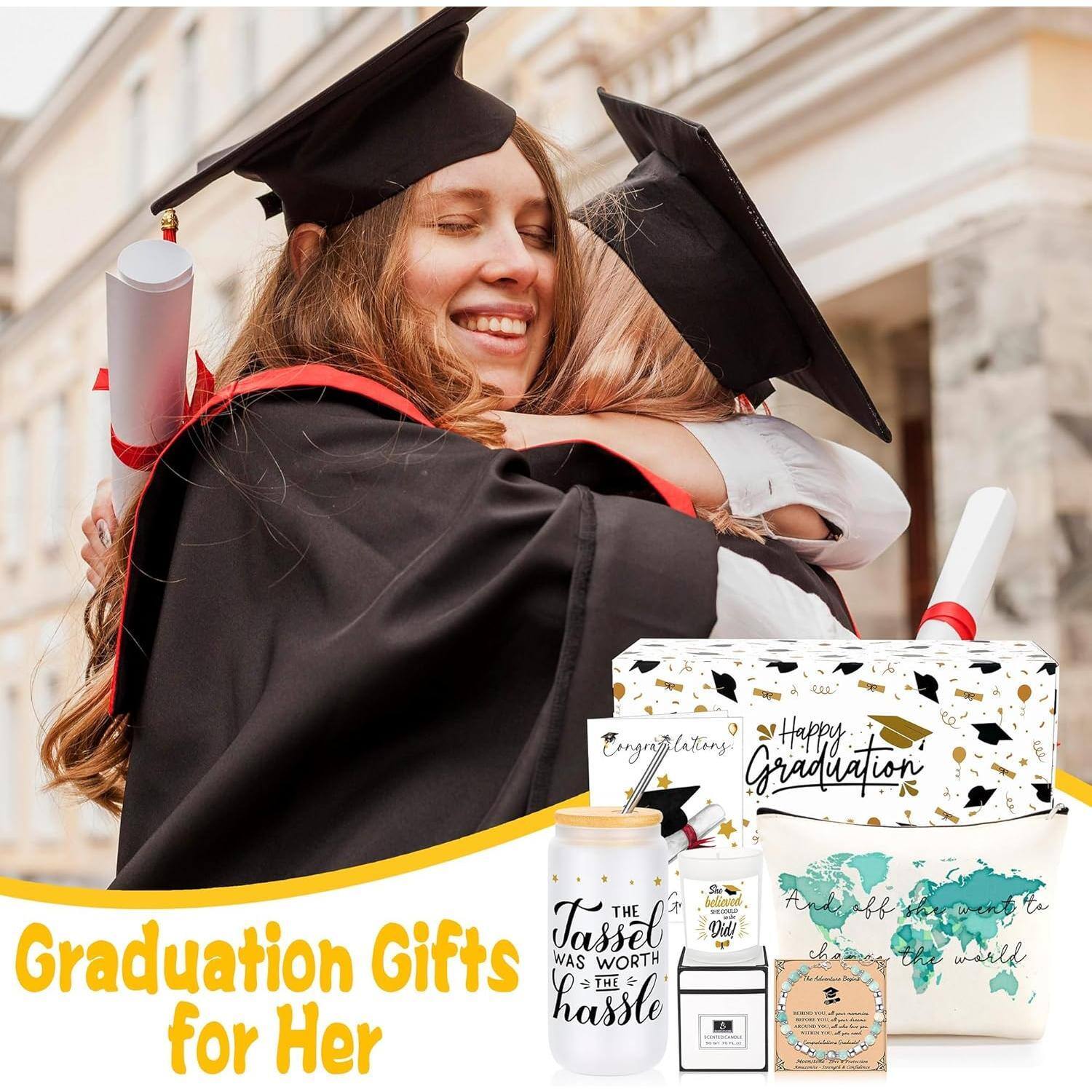 Sure, here is the corrected and grouped text from the image:

---

**Graduation Gifts for Her**

- "Happy Graduation"
- "The Jassel was worth the hassle"
- "Take off to the world"
- "Congratulations"
- "The Jassel was worth the hassle"
- "Take off to the world"

---