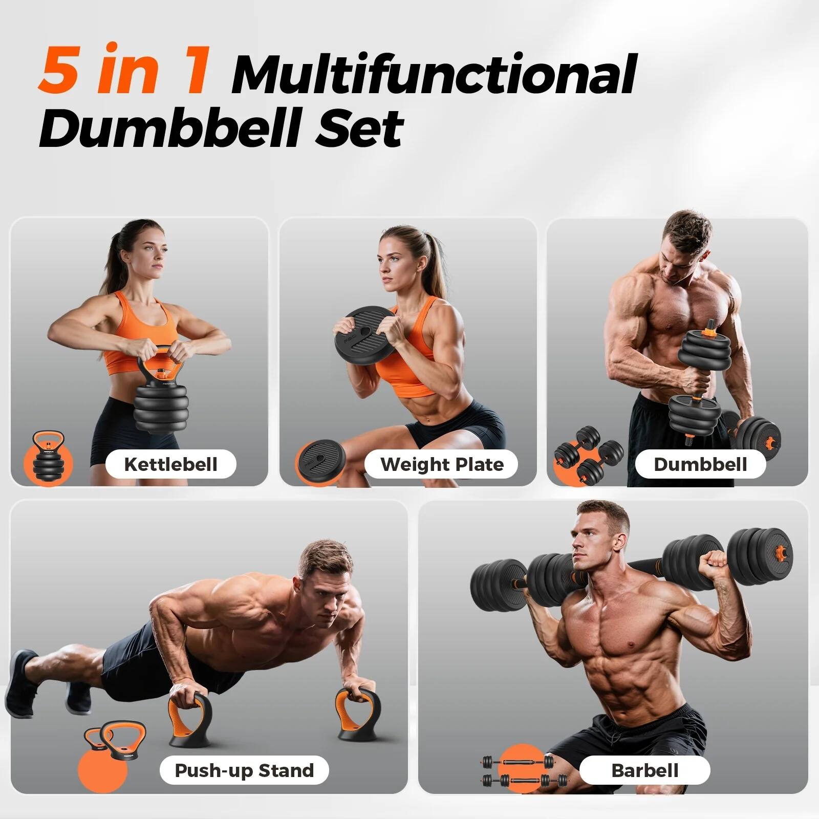 5 in 1 Multifunctional Dumbbell Set

- Kettlebell
- Weight Plate
- Dumbbell
- Push-up Stand
- Barbell
