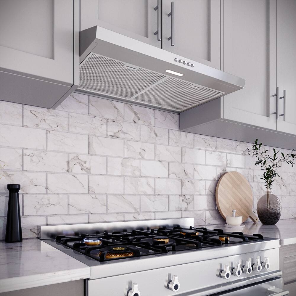 Back. Streamline - 30 in. Raffaele Convertible Undermount 80 CFM Range Hood, Mesh Filters, Push Button Control, LED Light - Brushed Stainless Steel.