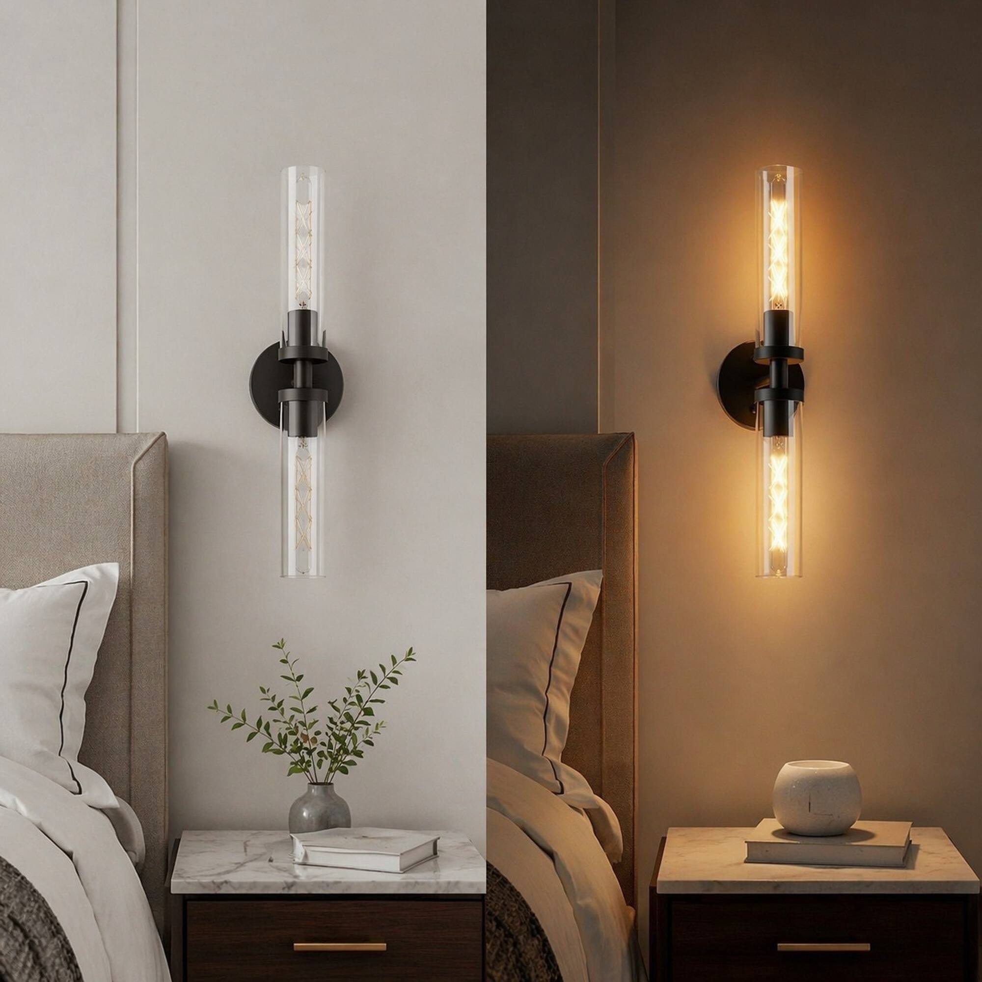 Alt View 3. RYHNUYNE - Pair of Hardwired Matte Black Wall Sconces with Clear Glass Shades for Bathroom Vanity, Hallway, and Bedroom Lighting.