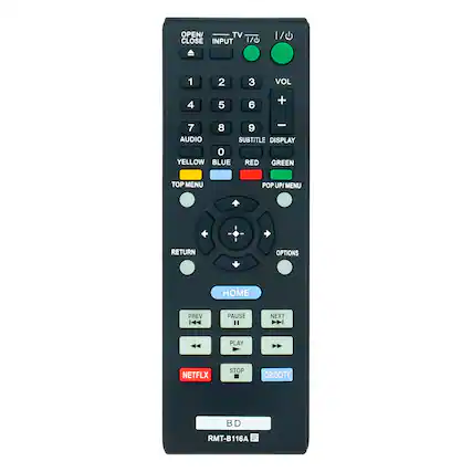 OPEN/ CLOSE TV INPUT 1/0 1 2 3 VOL 4 5 6 + - 7 8 9 AUDIO SUBTITLE DISPLAY 0 YELLOW BLUE RED GREEN TOP MENU POP UP/ MENU RETURN OPTIONS HOME PREV PAUSE NEXT PLAY NETFLIX STOP QRIOCITY BD RMT-B116A