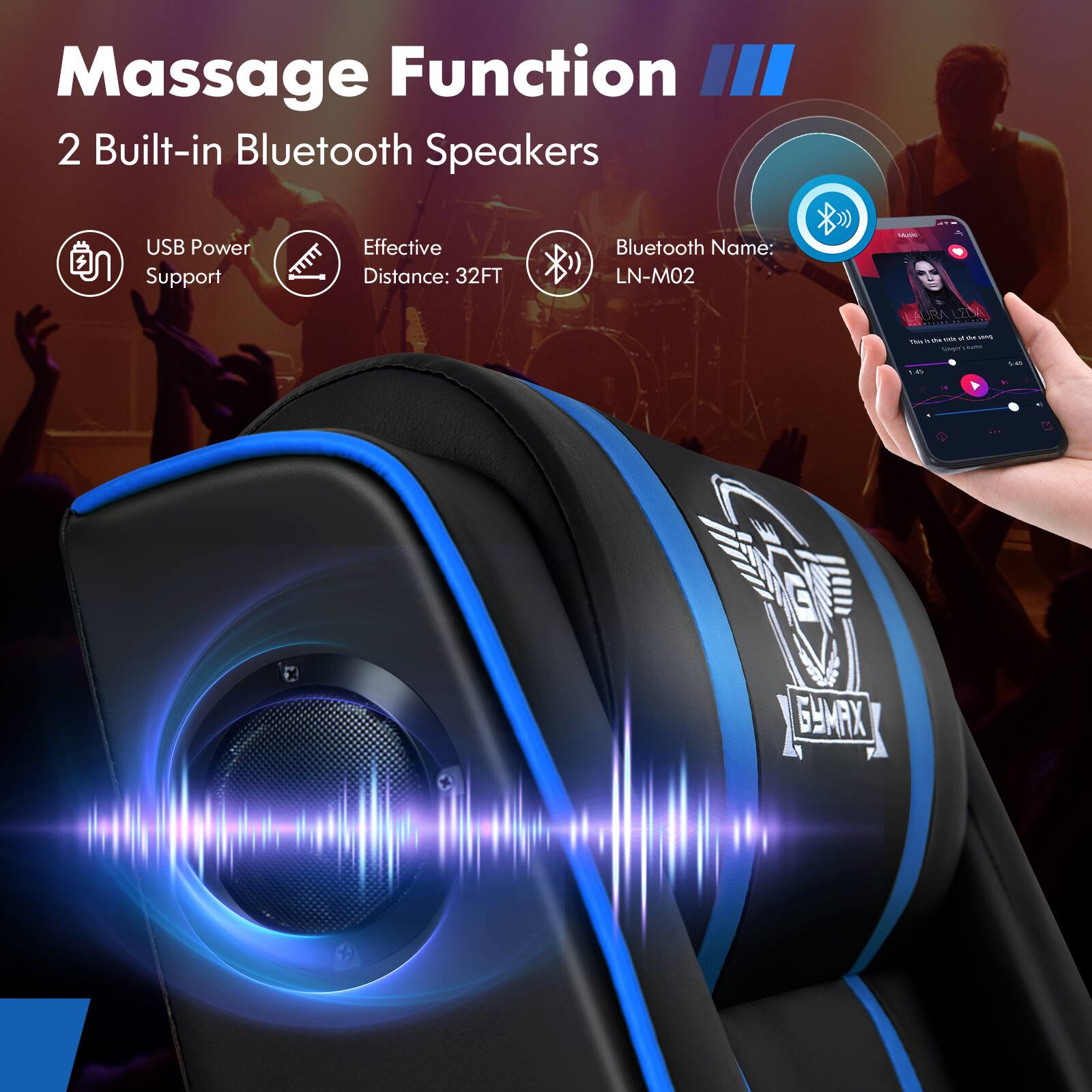 The text on the image is about a massage function with two built-in Bluetooth speakers. The speakers have a USB power source and support an effective distance of 32 feet. The Bluetooth name is LN-MO2, and it is made in the USA.