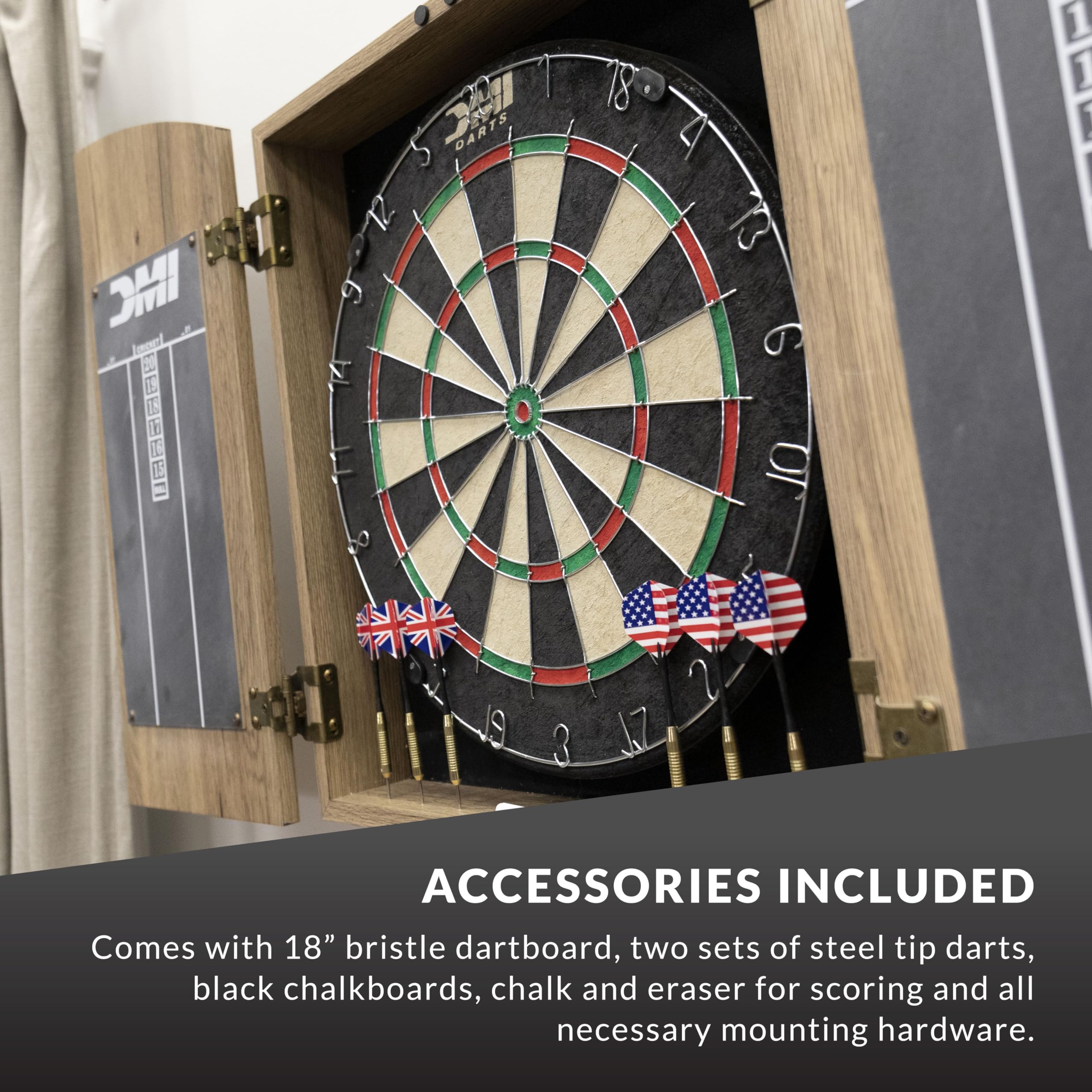 DARTS 18" Bristle Dartboard, Two Sets of Steel Tip Darts, Black Chalkboards, Chalk and Eraser for Scoring, and All Necessary Mounting Hardware. Accessories Included.
