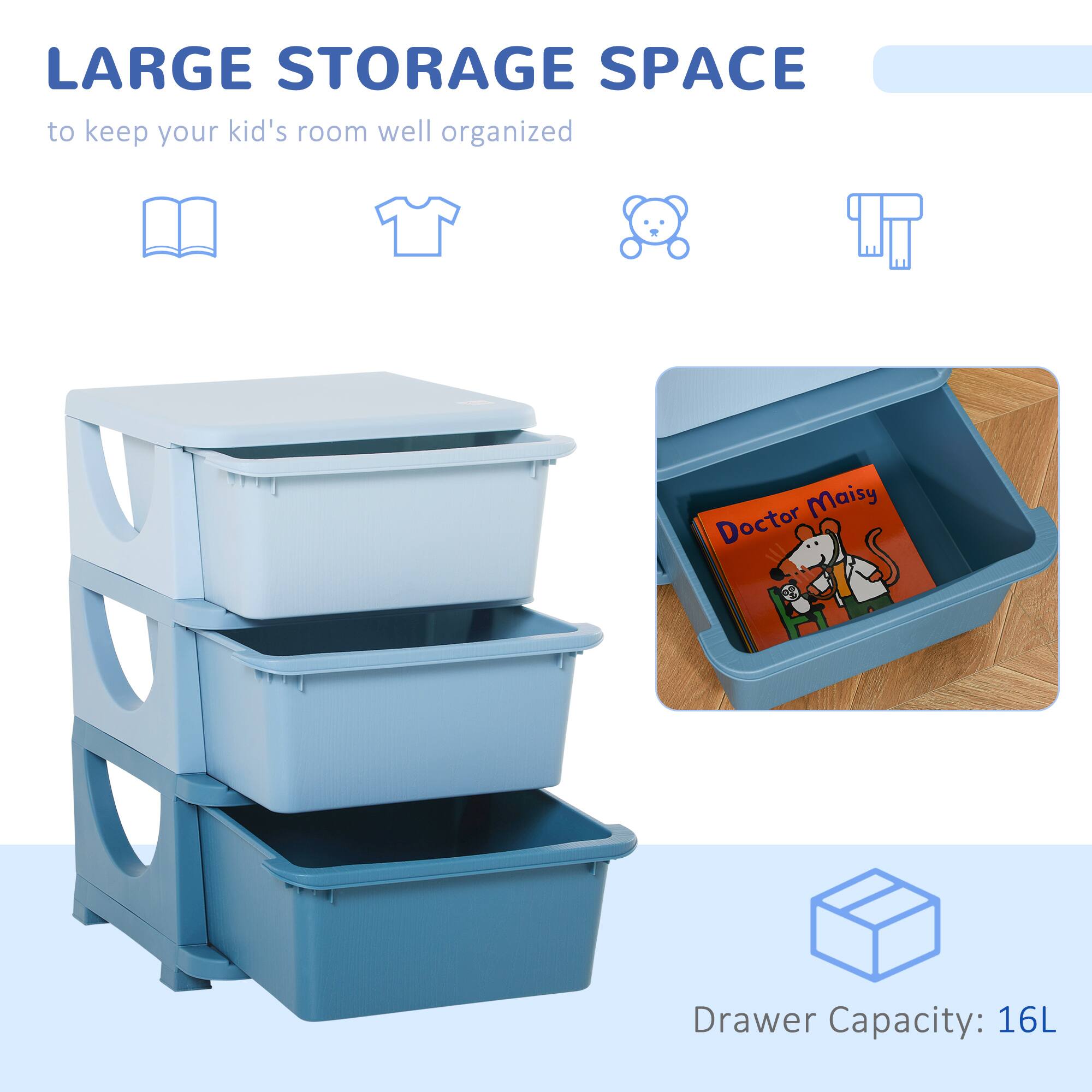 LARGE STORAGE SPACE  
to keep your kid's room well organized  

Drawer Capacity: 16L