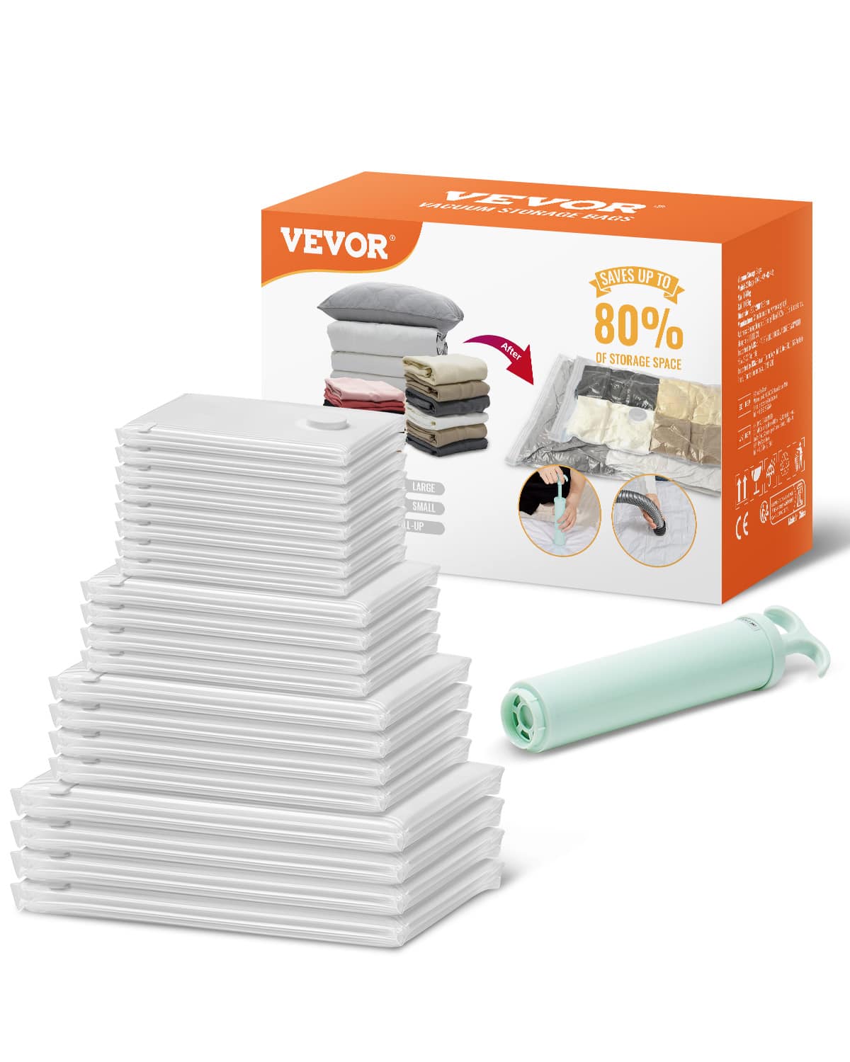 VEVOR
VACUUM STORAGE BAGS
SAVES UP TO 80% OF STORAGE SPACE
LARGE
SMALL
ALL-UP
11 PIECES
CE