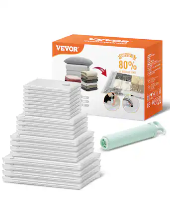 VEVOR
VACUUM STORAGE BAGS
SAVES UP TO 80% OF STORAGE SPACE
LARGE
SMALL
ALL-UP
11 PIECES
CE