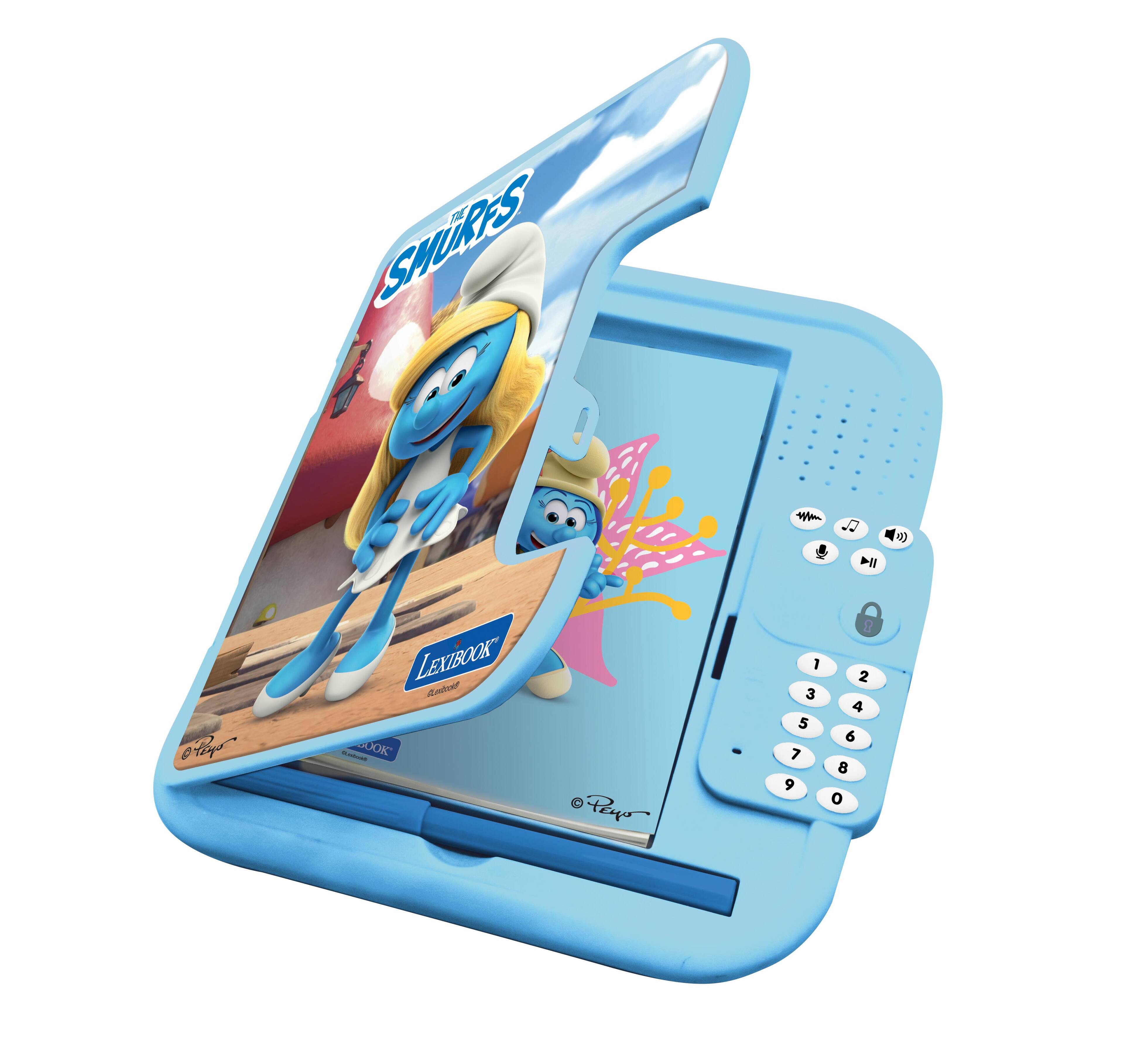 Sure! Here is the corrected and grouped text from the image:

**Front Cover:**
- "SMURFS"
- "LEXIBOOK"
- "© 2011"

**Side:**
- "LEXIBOOK"
- "© 2011"

**Keypad:**
- "1 2 3"
- "4 5 6"
- "7 8 9"
- "0"

**Buttons:**
- (Icons for power, volume, and lock)