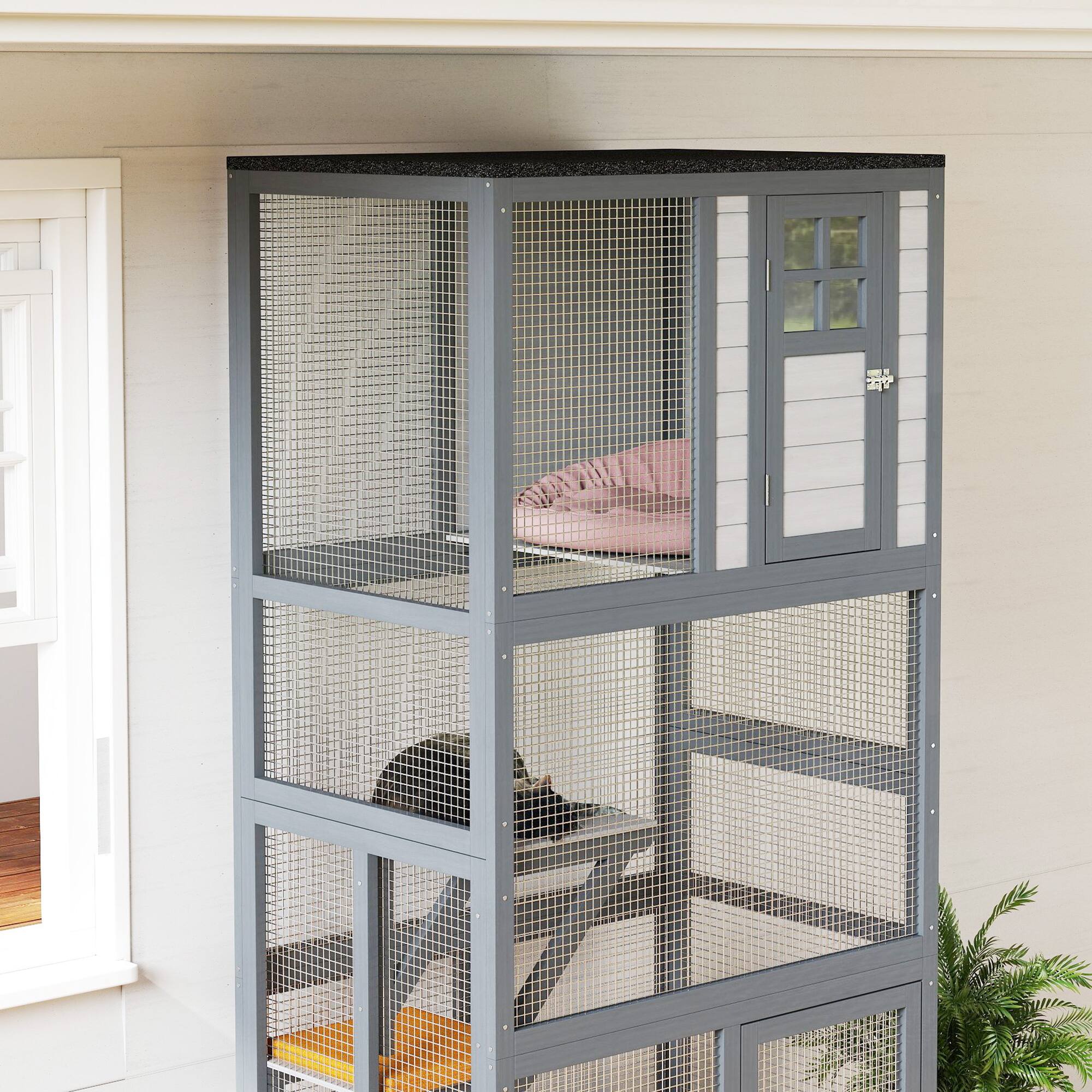 Alt View 4. Pawhut - 74" Wooden Catio Outdoor House, Weatherproof & Wheeled, Enclosure High Capacity, Kitten Cage Condo.