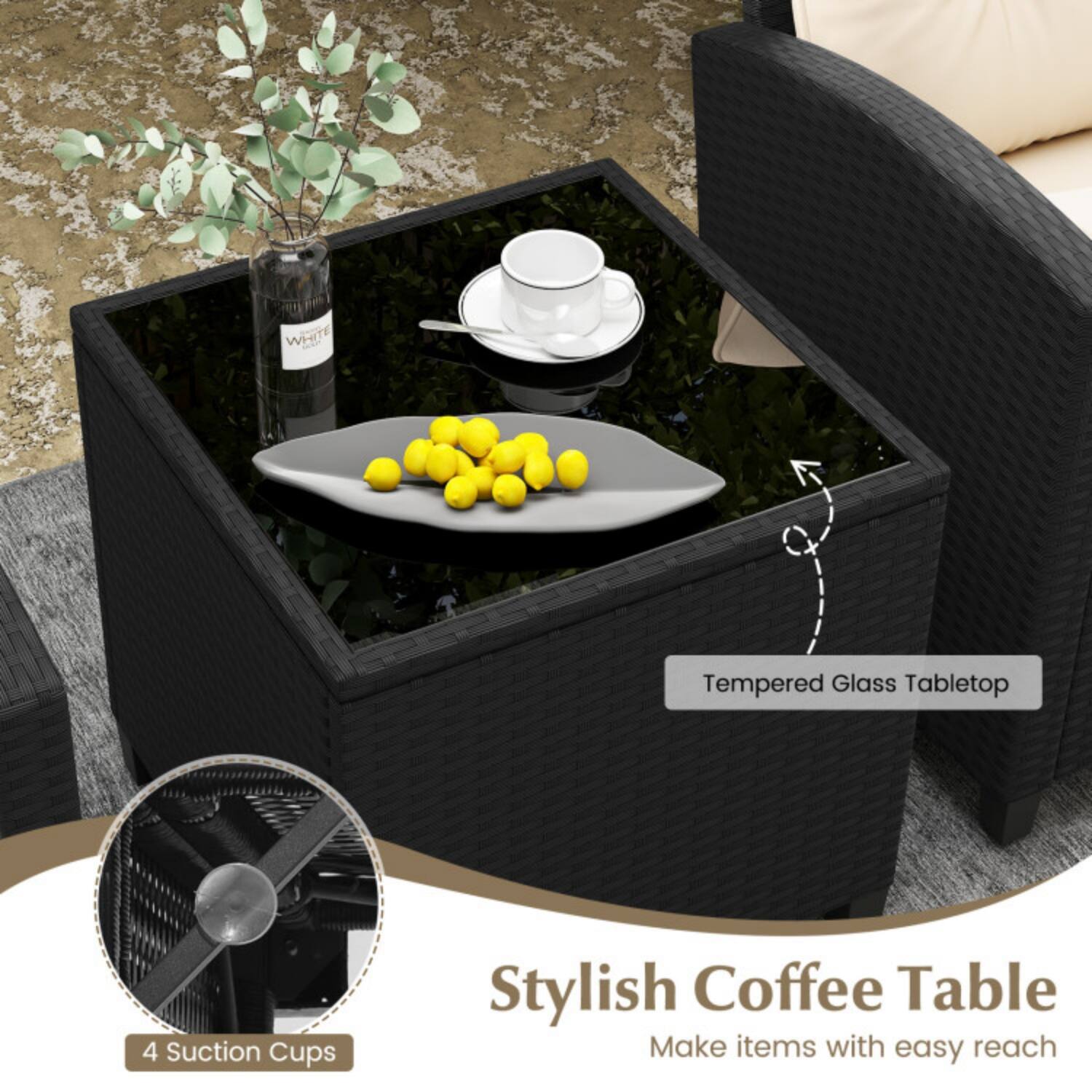 WHITE 7 Tempered Glass Tabletop 4 Suction Cups Stylish Coffee Table Make items with easy reach