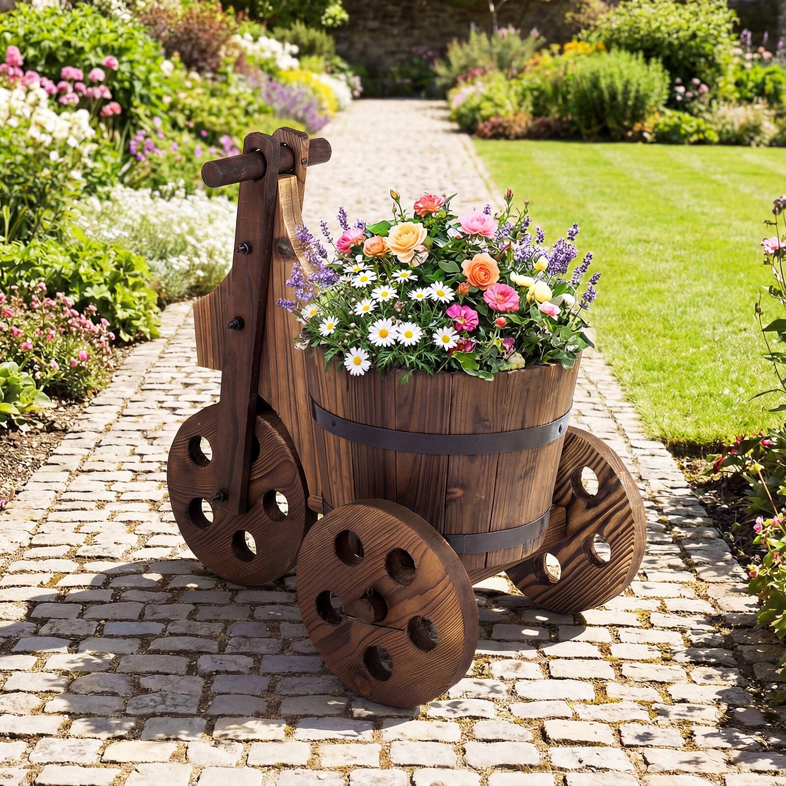 Alt View 1. Gymax - Gymax Rustic Wood Tricycle Planter w/Barrel Pot & Drainage for Patio Balcony Garden - Brown.