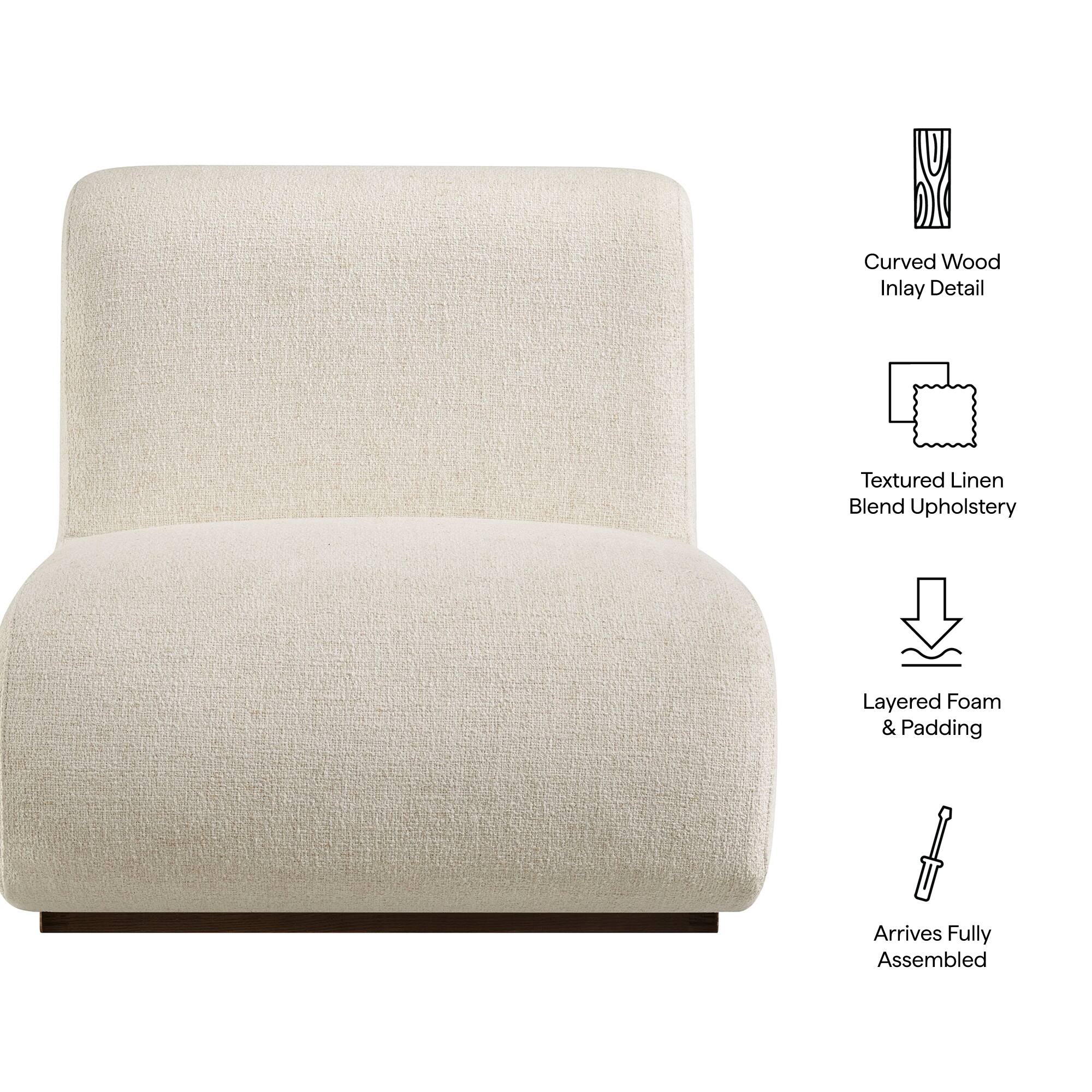 Curved Wood Inlay Detail  
Textured Linen Blend Upholstery  
Layered Foam & Padding  
Arrives Fully Assembled