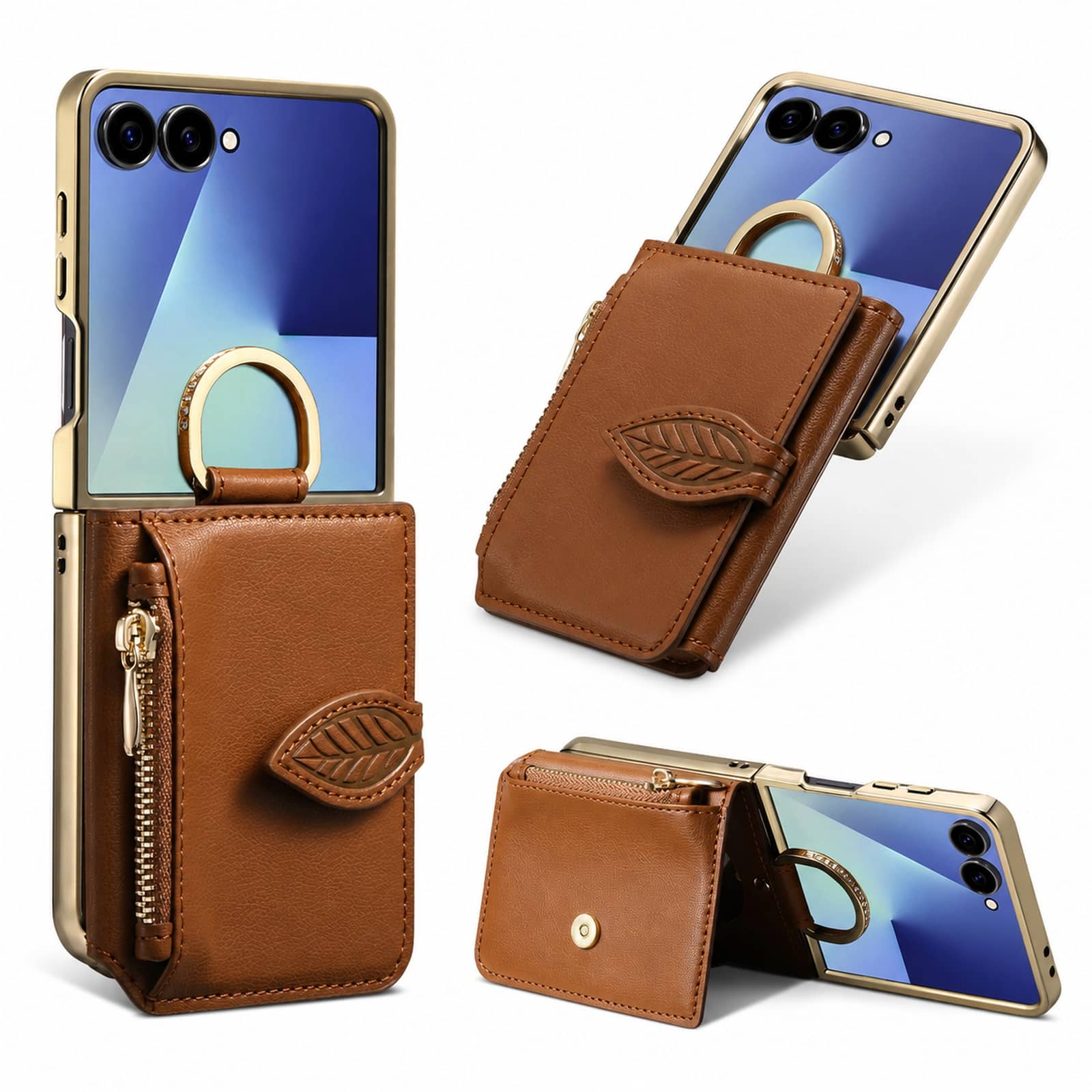 Dteck - Zipper Wallet Card Pocket Back Cover for Samsung Galaxy Z Flip8 with Mirror Design, Shockproof Finger Ring Rugged Cover - Brown price history on PriceWatchPro