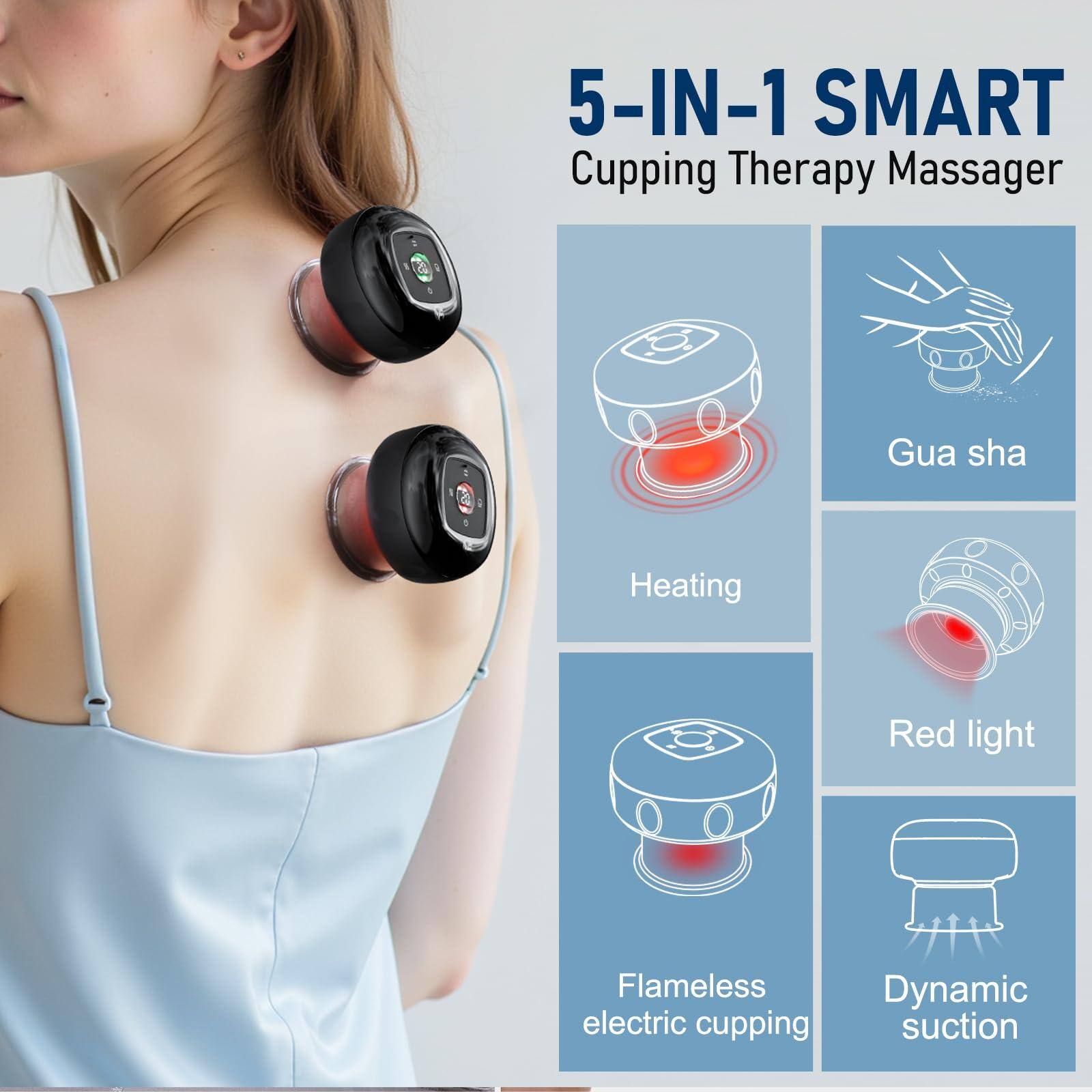 5-IN-1 SMART  
Cupping Therapy Massager  

- Gua sha  
- Heating  
- Red light  
- Flameless electric cupping  
- Dynamic suction