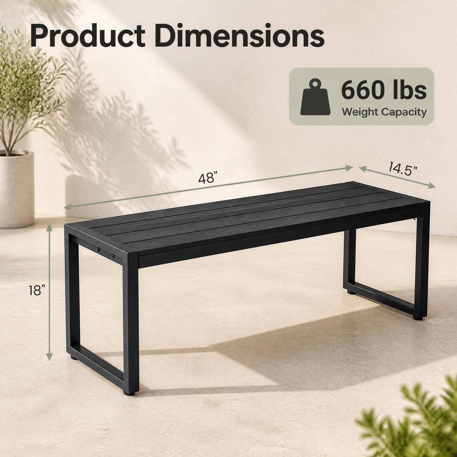 Product Dimensions
660 lbs Weight Capacity
48" x 14.5" x 18"