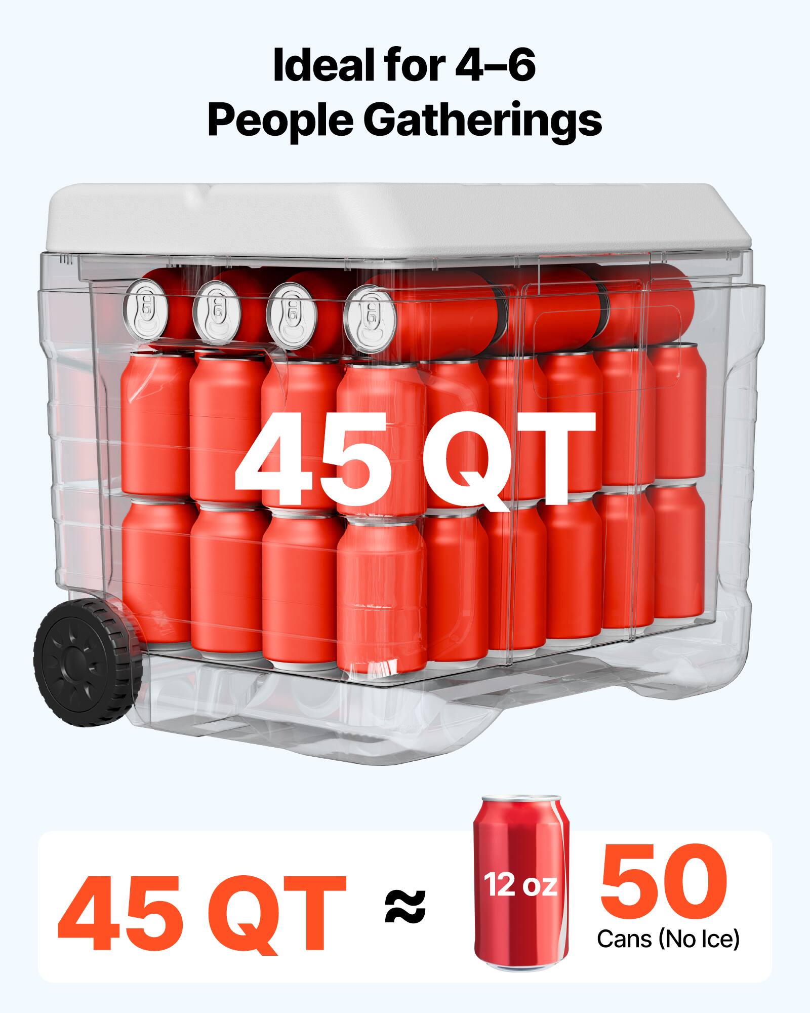 Ideal for 4-6 People Gatherings  
45 QT  
12 oz  
50 Cans (No Ice)