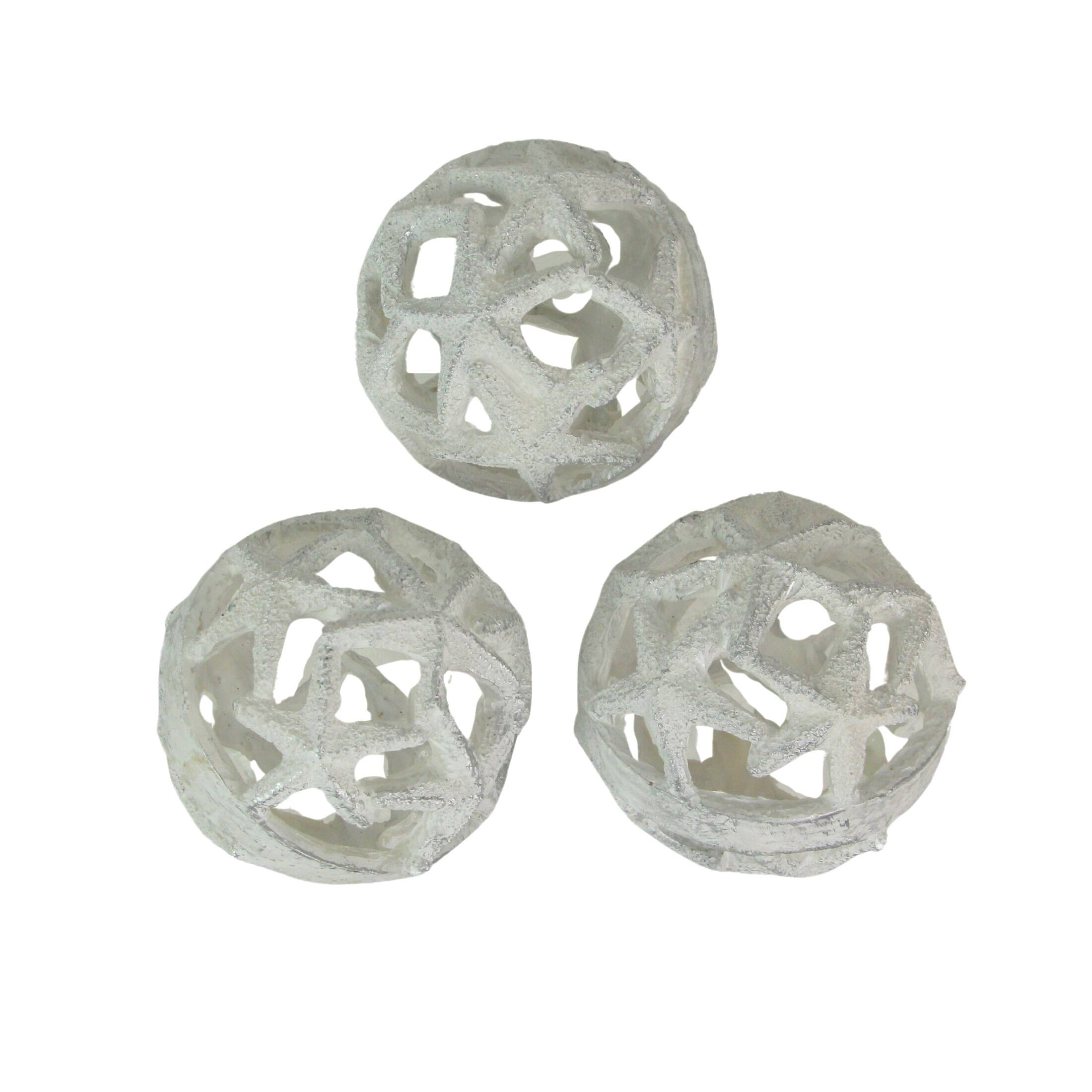 Front. Fancy That - Set of 3 Weathered White Starfish Orbs - Ideal for Beach décor or Centerpieces - White.