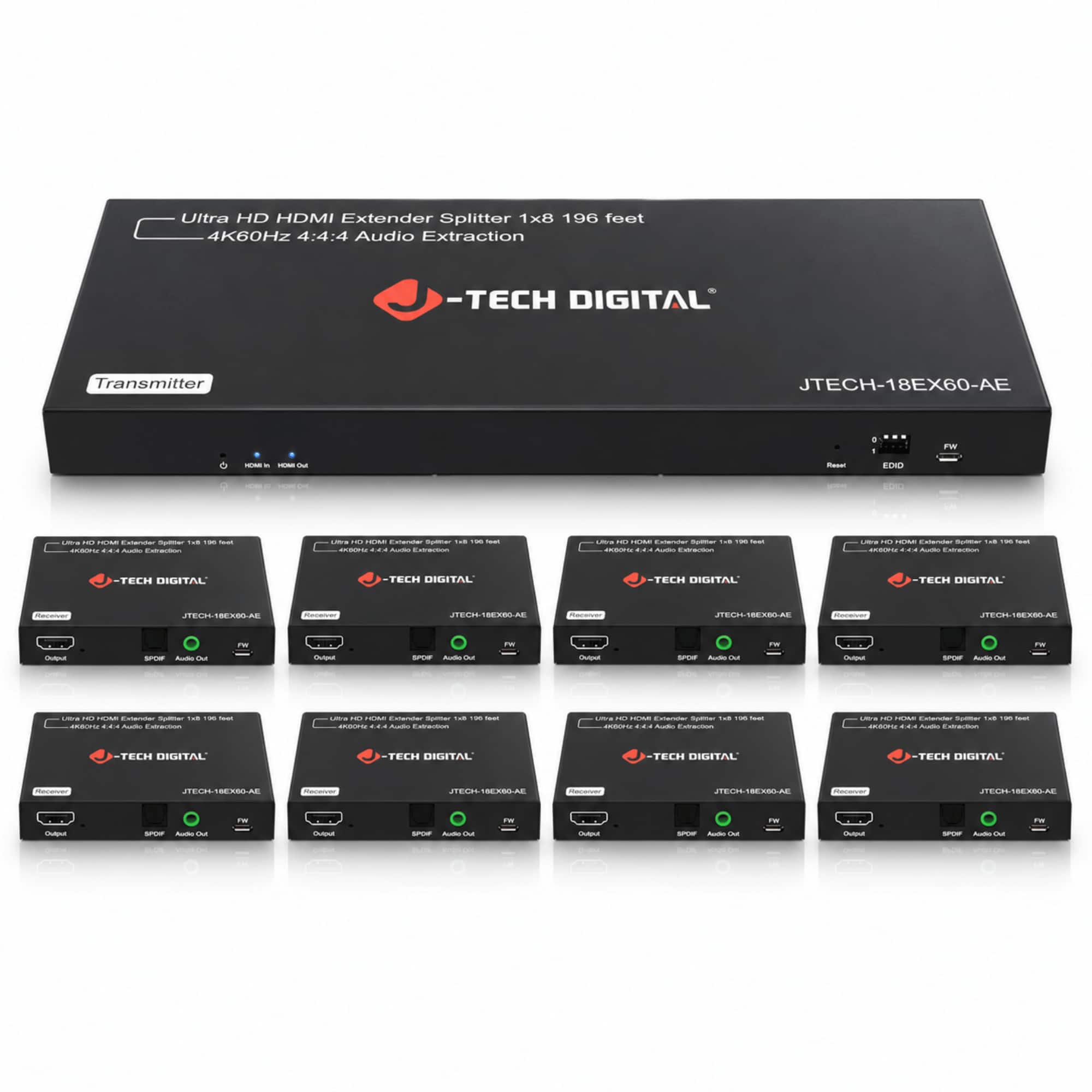 J-Tech Digital - 4K 60Hz 1x8 HDMI Extender Splitter Over Cat5e/6 w/ Audio Extraction - Black