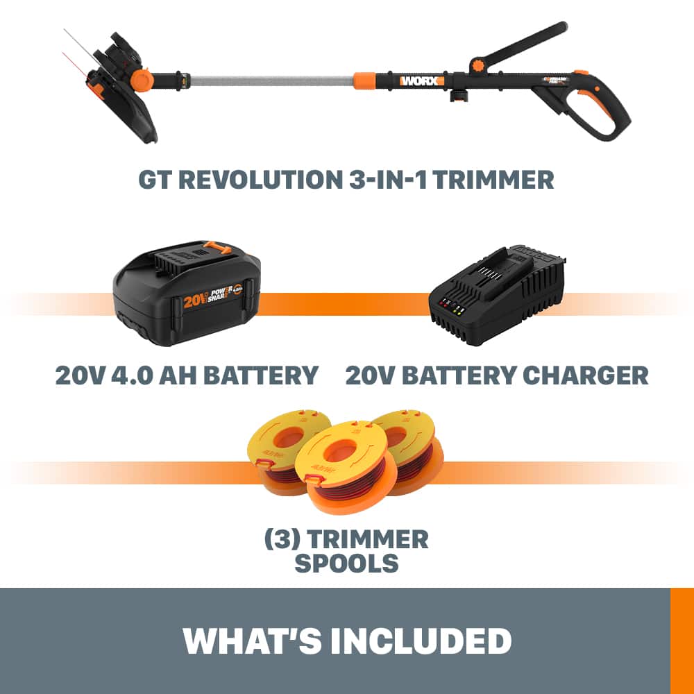 WORX GT REVOLUTION 3-IN-1 TRIMMER
20V 4.0 AH BATTERY
20V BATTERY CHARGER
(3) TRIMMER SPOOLS
WHAT'S INCLUDED