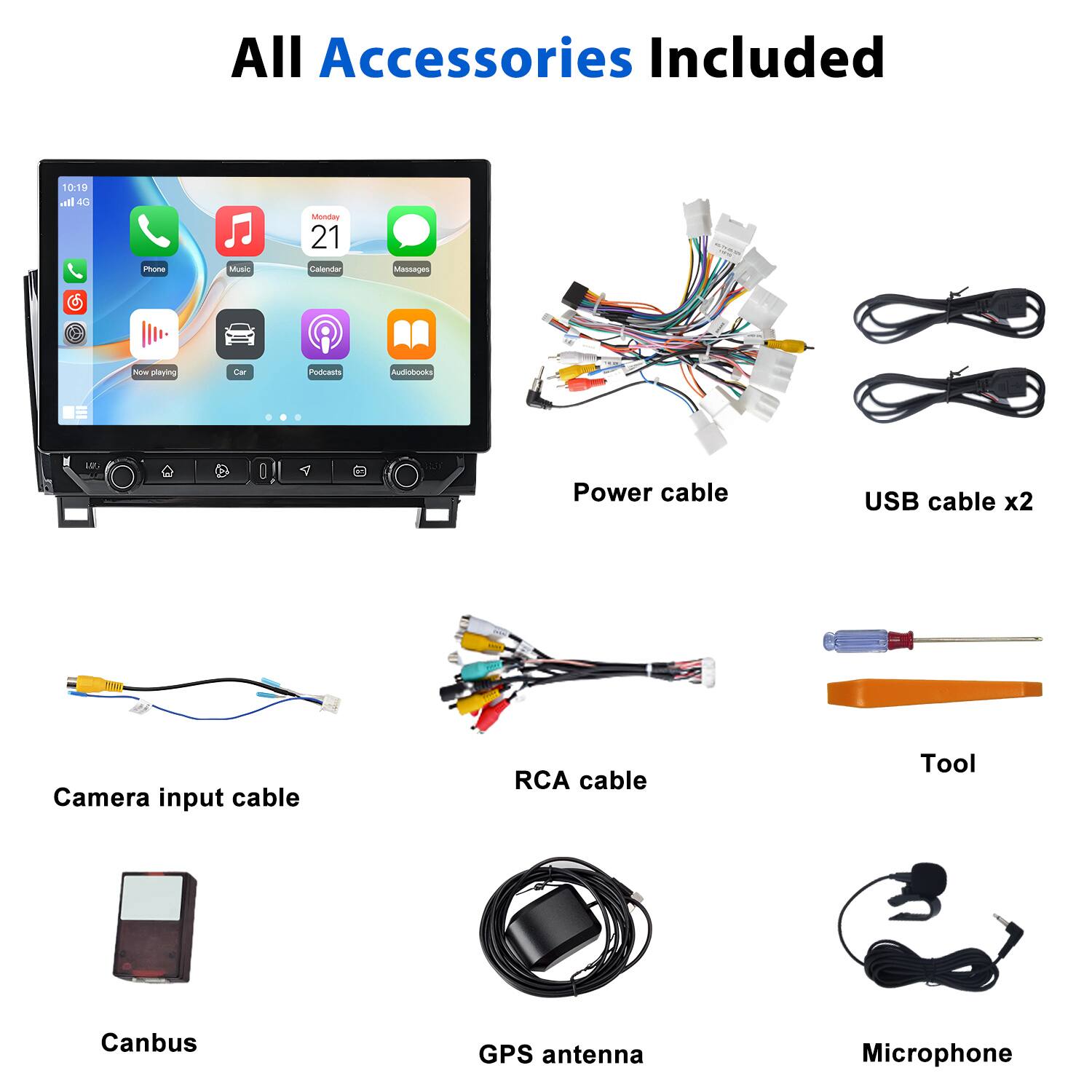 All Accessories Included

- Power cable
- USB cable x2
- Camera input cable
- RCA cable
- Tool
- Canbus
- GPS antenna
- Microphone