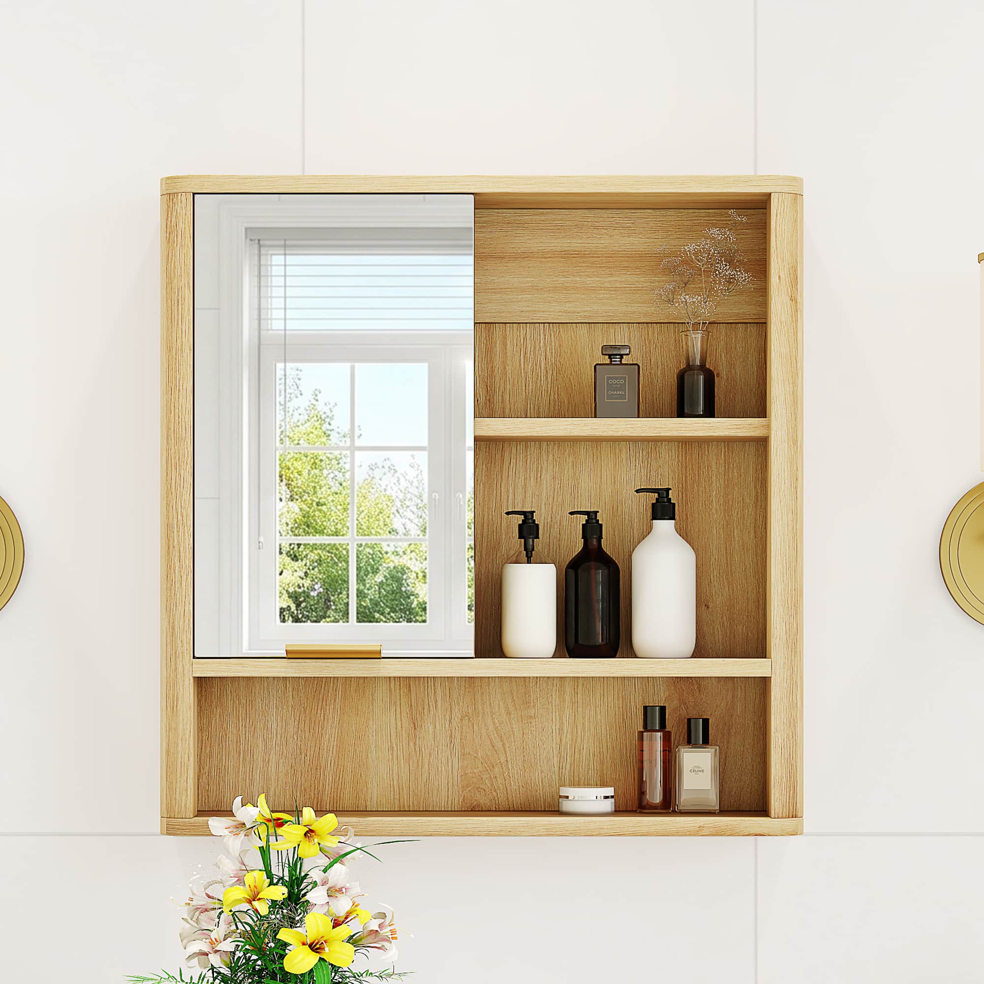 Loheer - Loheer- Wall Mounted Bathroom Mirror Cabinet with Open Shelves Natural Finish 1.79ft x 0.42ft x 1.83ft - Wood price history on PriceWatchPro