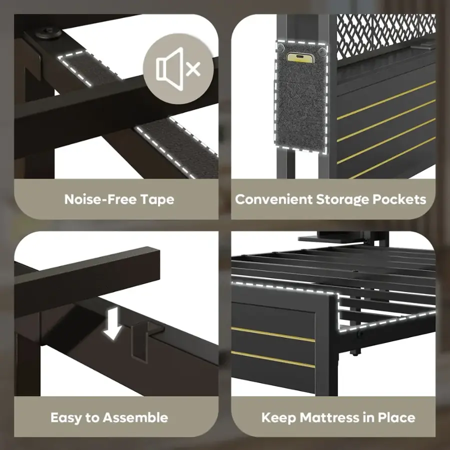 The text on the image can be grouped as follows:

1. Noise-Free Tape: This feature helps to reduce noise and vibrations from the mattress, providing a more comfortable sleeping experience.
2. Convenient Storage Pockets: These pockets offer additional storage space for items like bedding, pillows, or other belongings, making the bed more organized and functional.
3. Easy to Assemble: The bed frame is designed to be easy to put together, allowing for a quick and hassle-free setup.
4. Keep Mattress in Place: The bed frame is designed to securely hold the mattress in place, preventing it from shifting or moving around.
