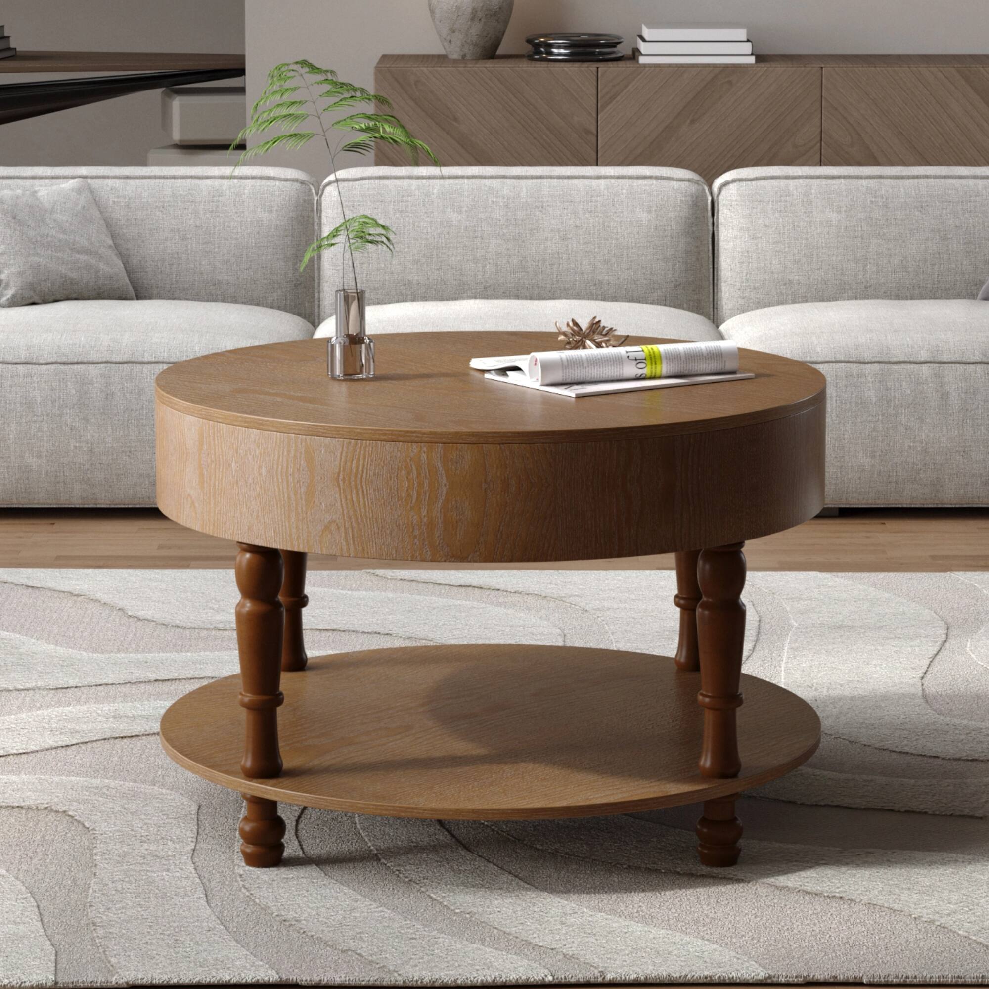 Alt View 1. Lirago - 32" Modern Round Coffee Table Walnut with Dual Storage Hidden Compartment Adjustable Leveling Feet - Brown.