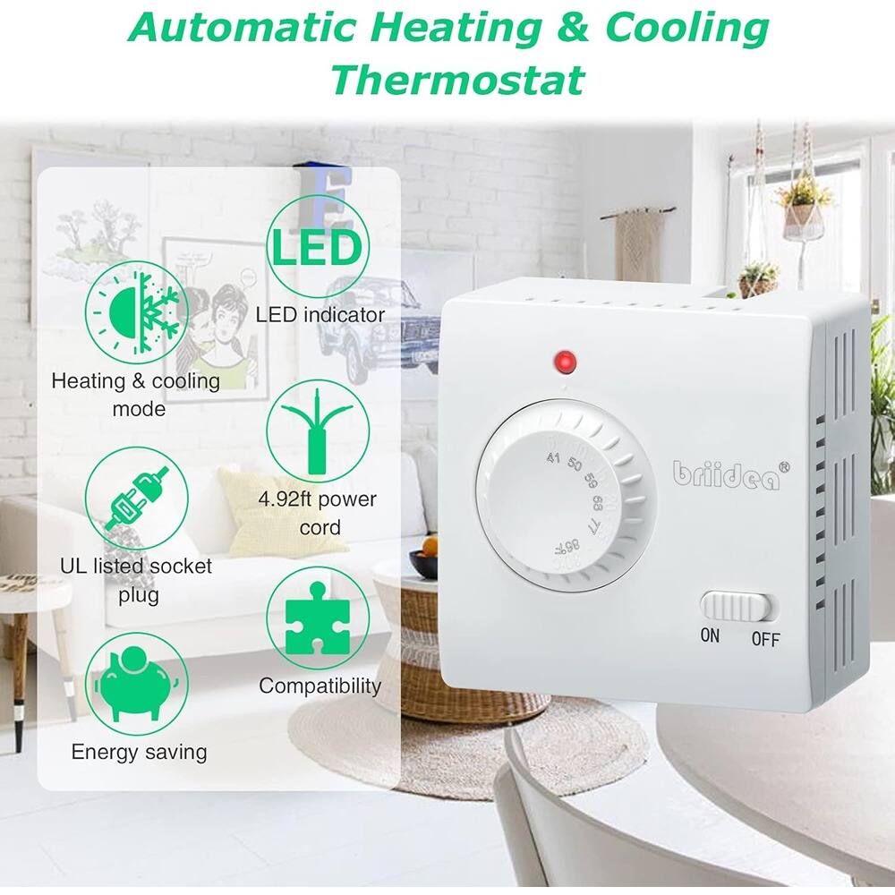 Automatic Heating & Cooling Thermostat

- LED indicator
- Heating & cooling mode
- UL listed socket plug
- 4.92ft power cord
- Compatibility
- Energy saving

ON OFF

41 50 59 68

%98 :08

briidea