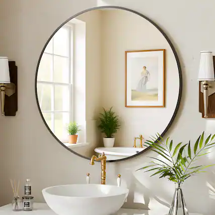 Front. Easly - Black 36 in. W x 36 in. H Round Aluminum Alloy Frame Vanity Wall Mirror - Black.