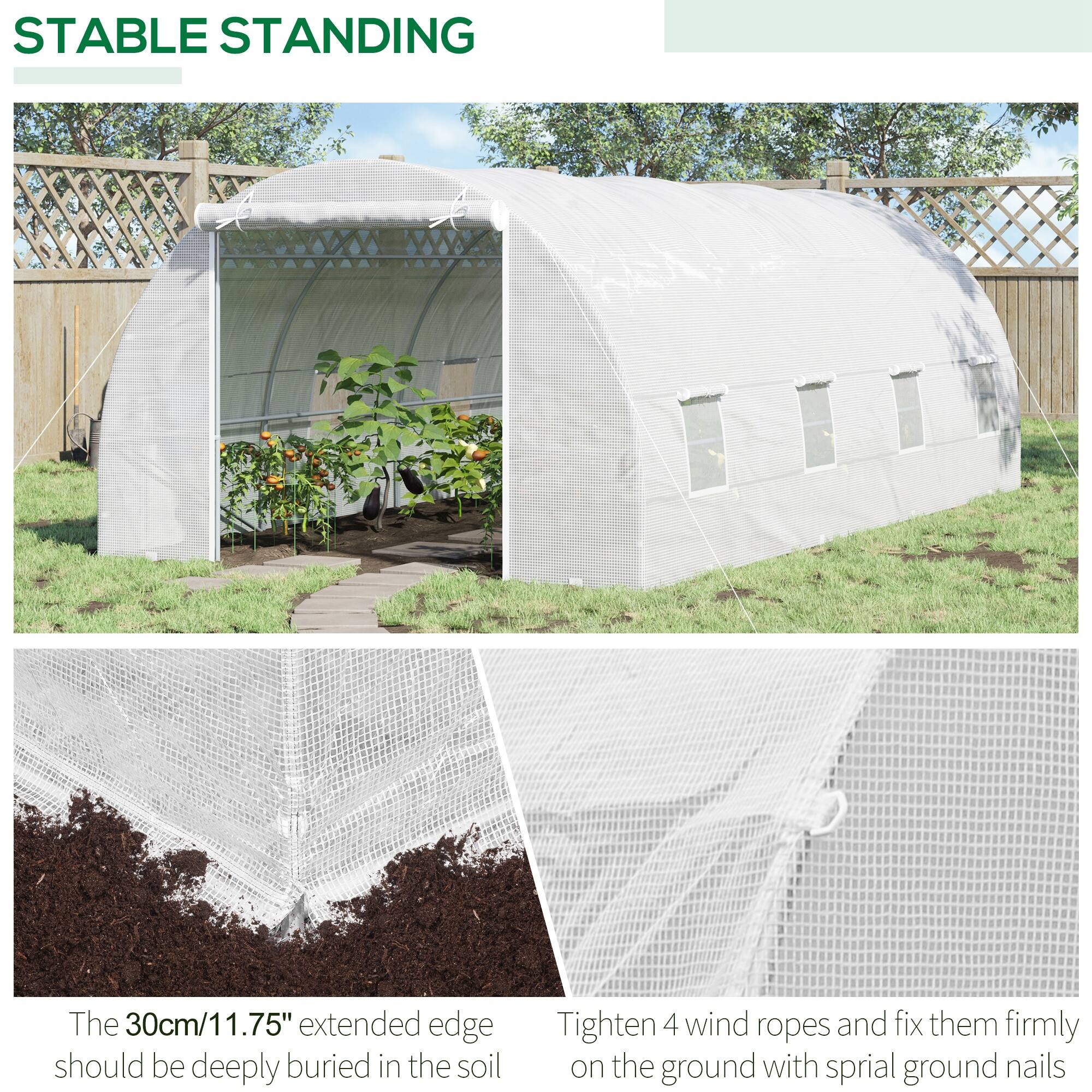 **STABLE STANDING**

- The 30cm/11.75" extended edge should be deeply buried in the soil.
- Tighten 4 wind ropes and fix them firmly on the ground with spiral ground nails.