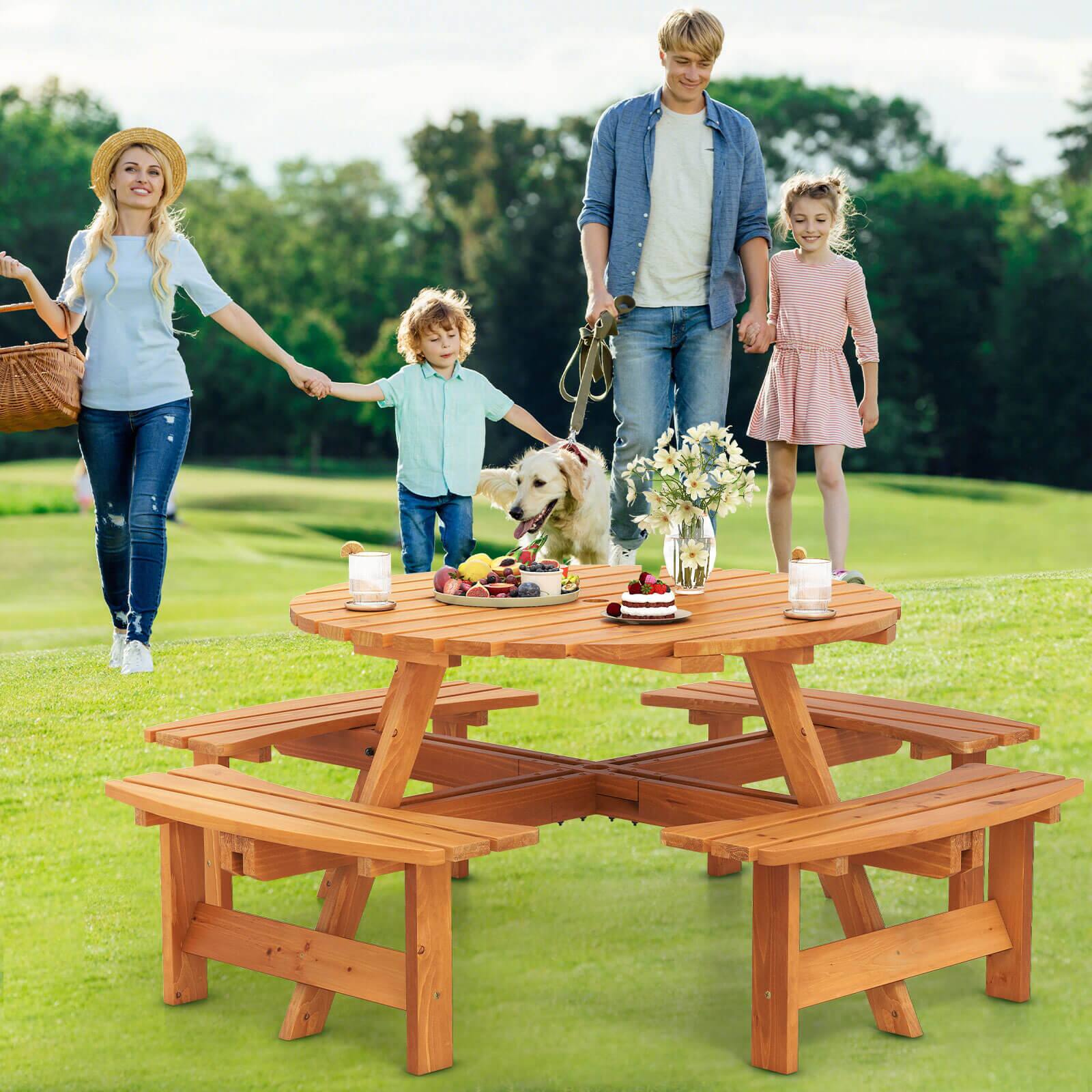 Alt View 3. Costway - Costway 8-Person Round Picnic Table Set with 4 Built-in Benches 2" Umbrella Hole - Yellow.