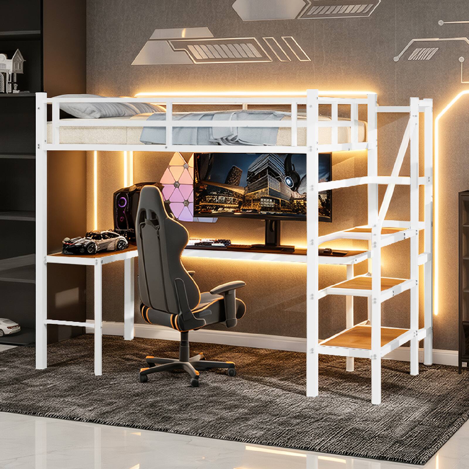 Angle. Loheer - Loheer Twin Loft Bed with L-Shaped Desk Storage Stairs Noiseless Frame - White.