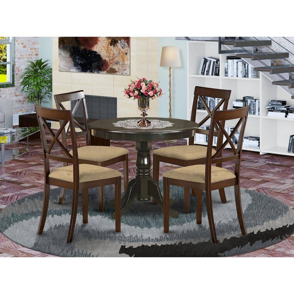 Left. East West Furniture - ANBO5-CAP-C 5 Pc small Kitchen Table and Chairs set-round Table and 4 Chairs for Dining room - Cappuccino.