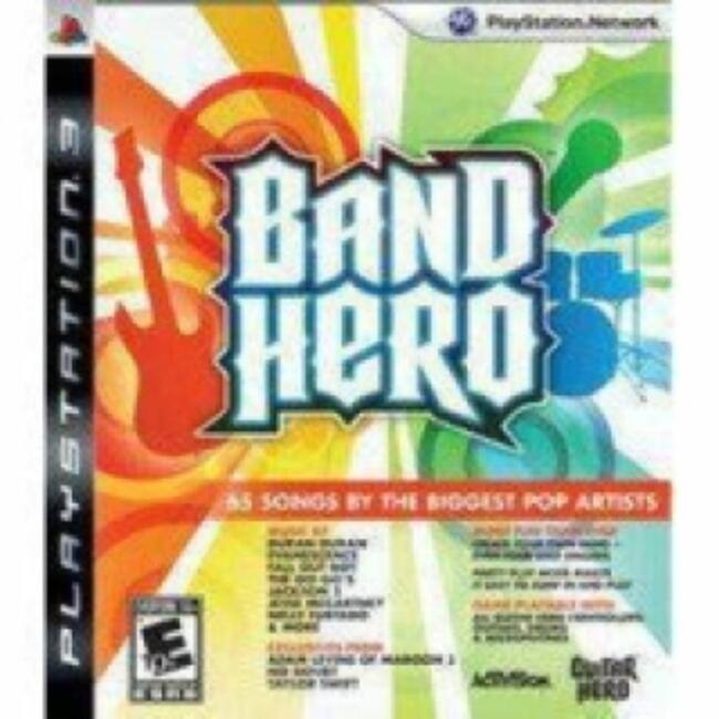 Sure, here is the corrected and grouped text from the image:

---

**PlayStation**

**BAND HERO**

85 SONGS BY THE BIGGEST POP ARTISTS

---

**PlayStation Network**

**E** (Rating)

**Activision**

**Guitar Hero**

---

**PlayStation**

**BAND HERO**

85 SONGS BY THE BIGGEST POP ARTISTS

---

**PlayStation Network**

**E** (Rating)

**Activision**

**Guitar Hero**

---