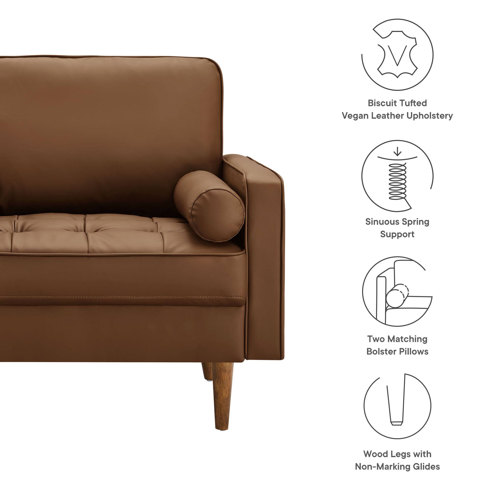 - Biscuit Tufted Vegan Leather Upholstery
- Sinuous Spring Support
- Two Matching Bolster Pillows
- Wood Legs with Non-Marking Glides