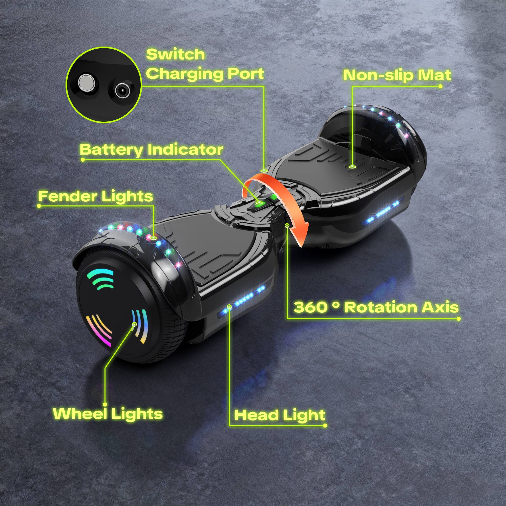 Switch Charging Port  
Non-slip Mat  
Battery Indicator  
Fender Lights  
360° Rotation Axis  
Wheel Lights  
Head Light