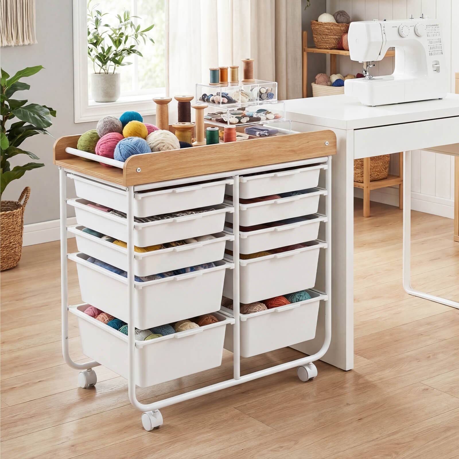 Alt View 1. Costway - Costway 10-Drawer Rolling Cart, Art & Craft Storage Cart with Wooden Tabletop&Lockable Wheels - Natural + White.